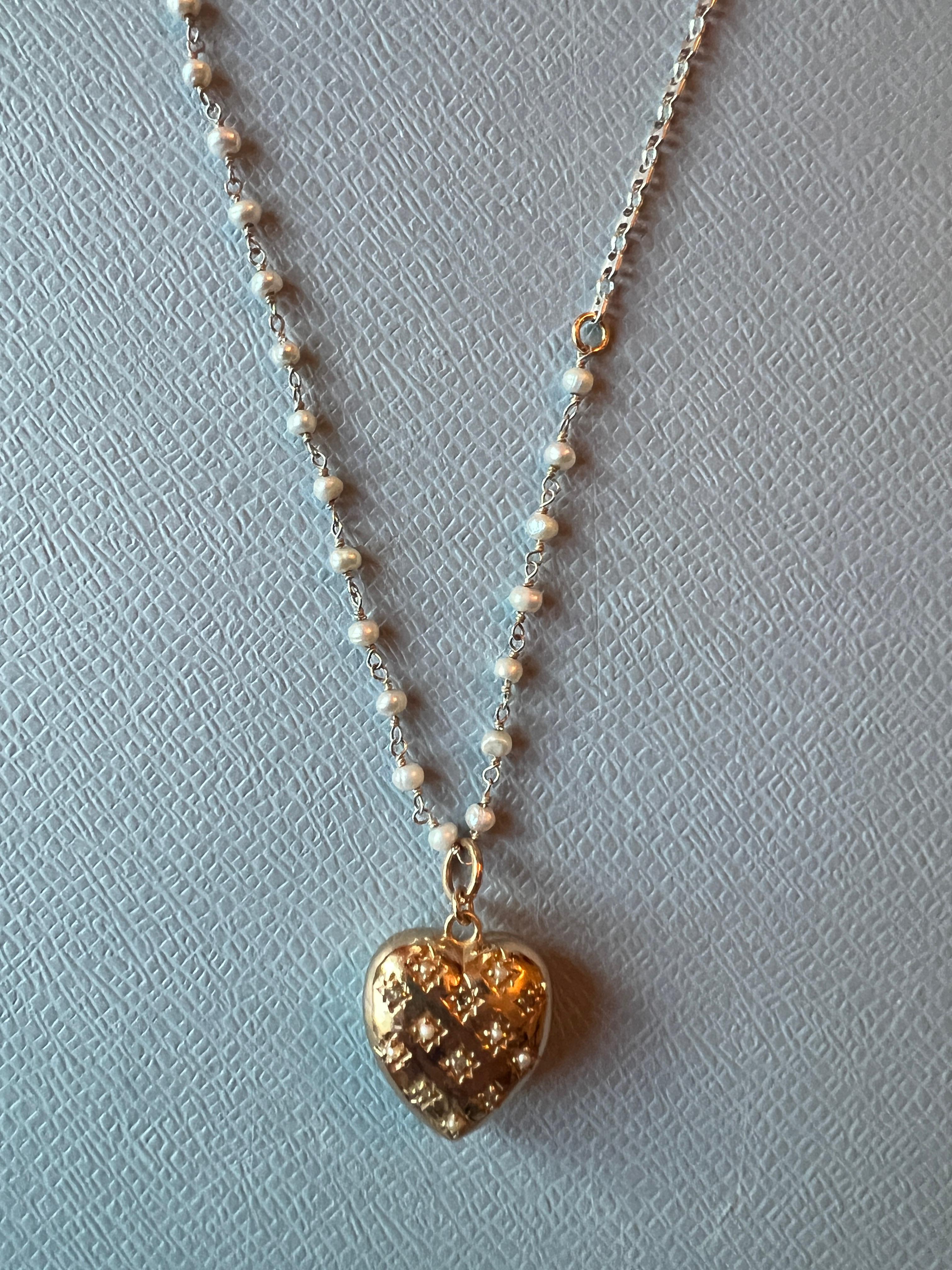 White Diamond Puffy Heart Necklace White Pearl Victorian Style In New Condition For Sale In Los Angeles, CA