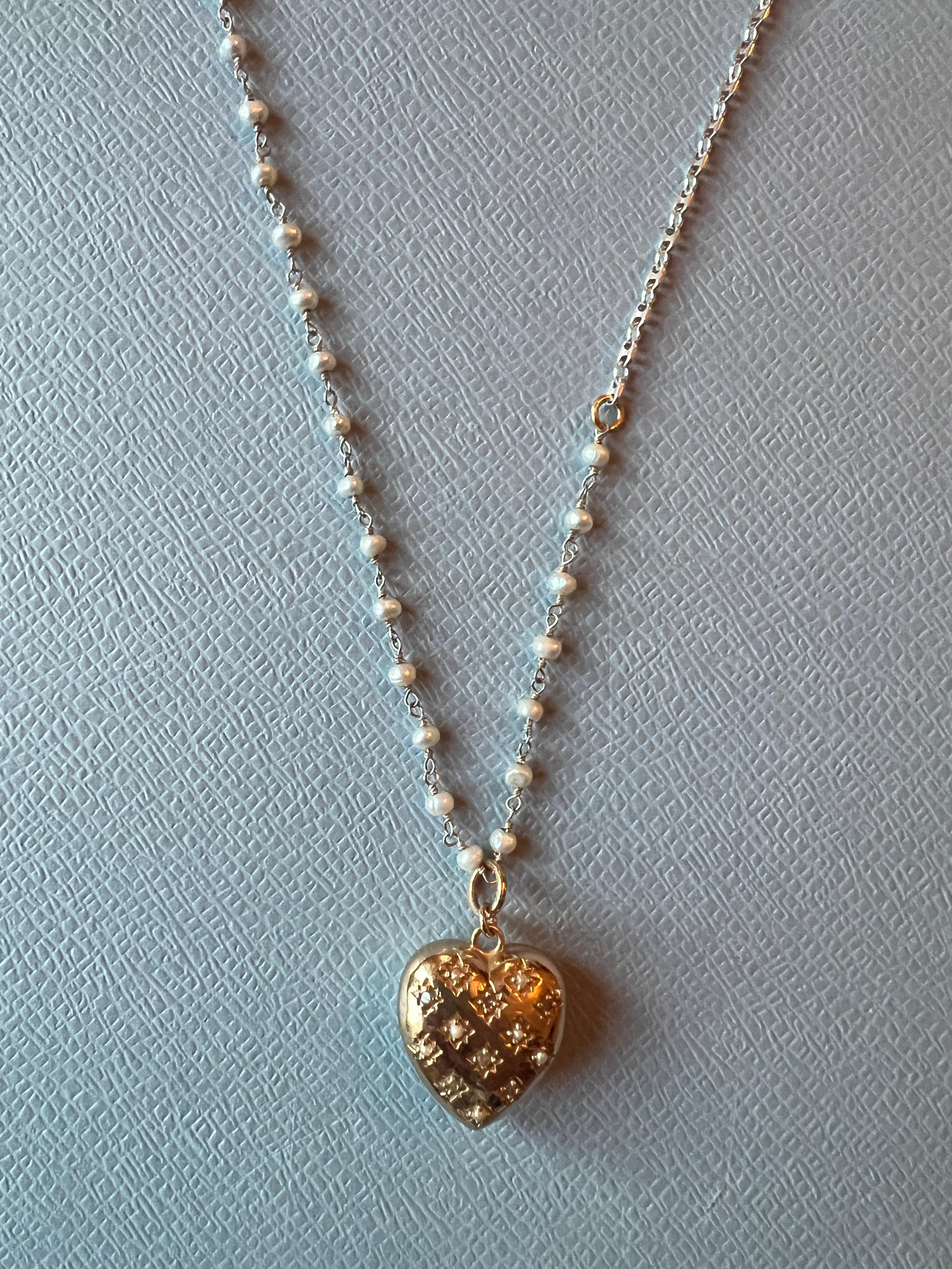 Women's White Diamond Puffy Heart Necklace White Pearl Victorian Style For Sale