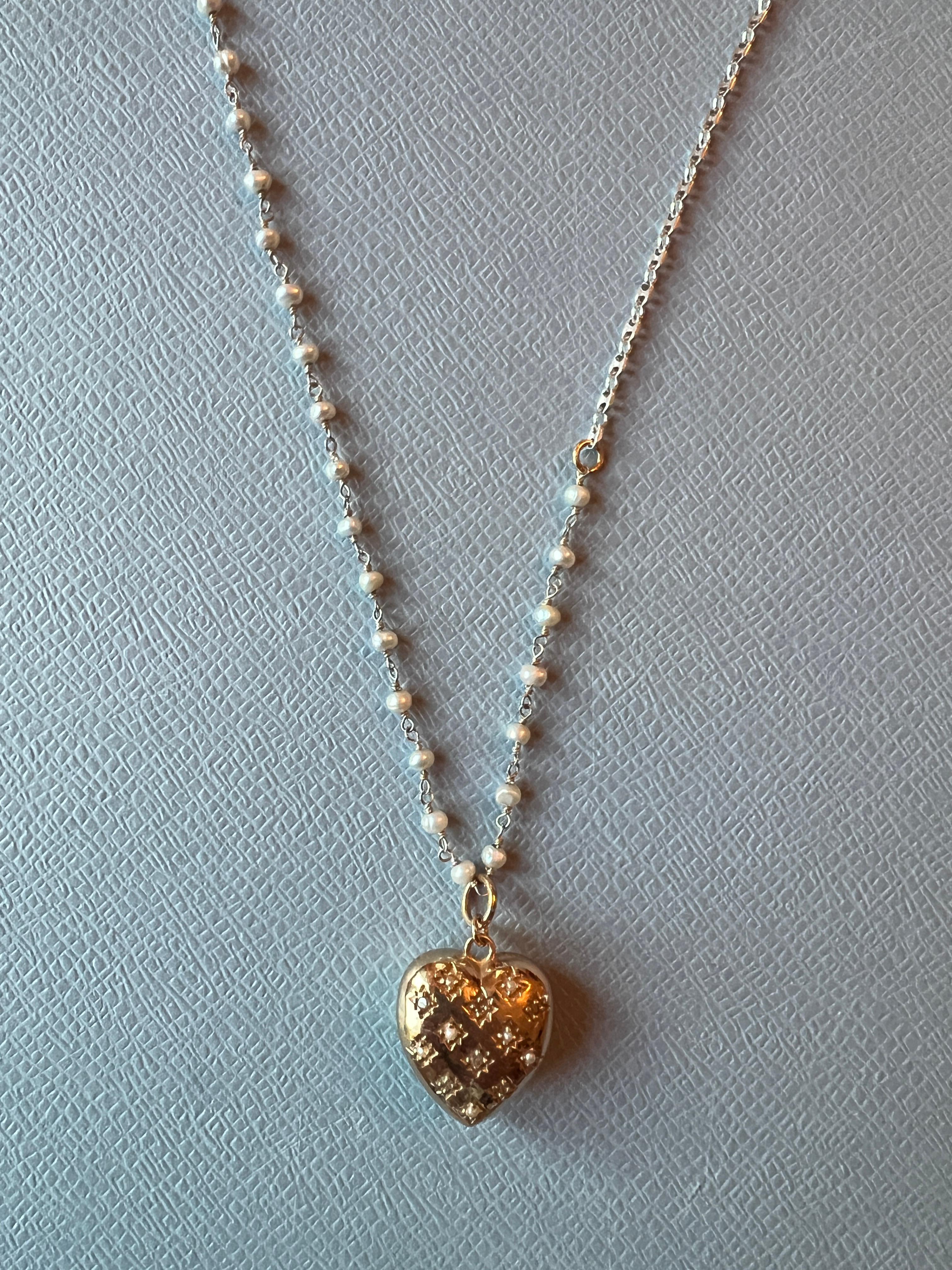 White Diamond Puffy Heart Necklace White Pearl Victorian Style For Sale 1