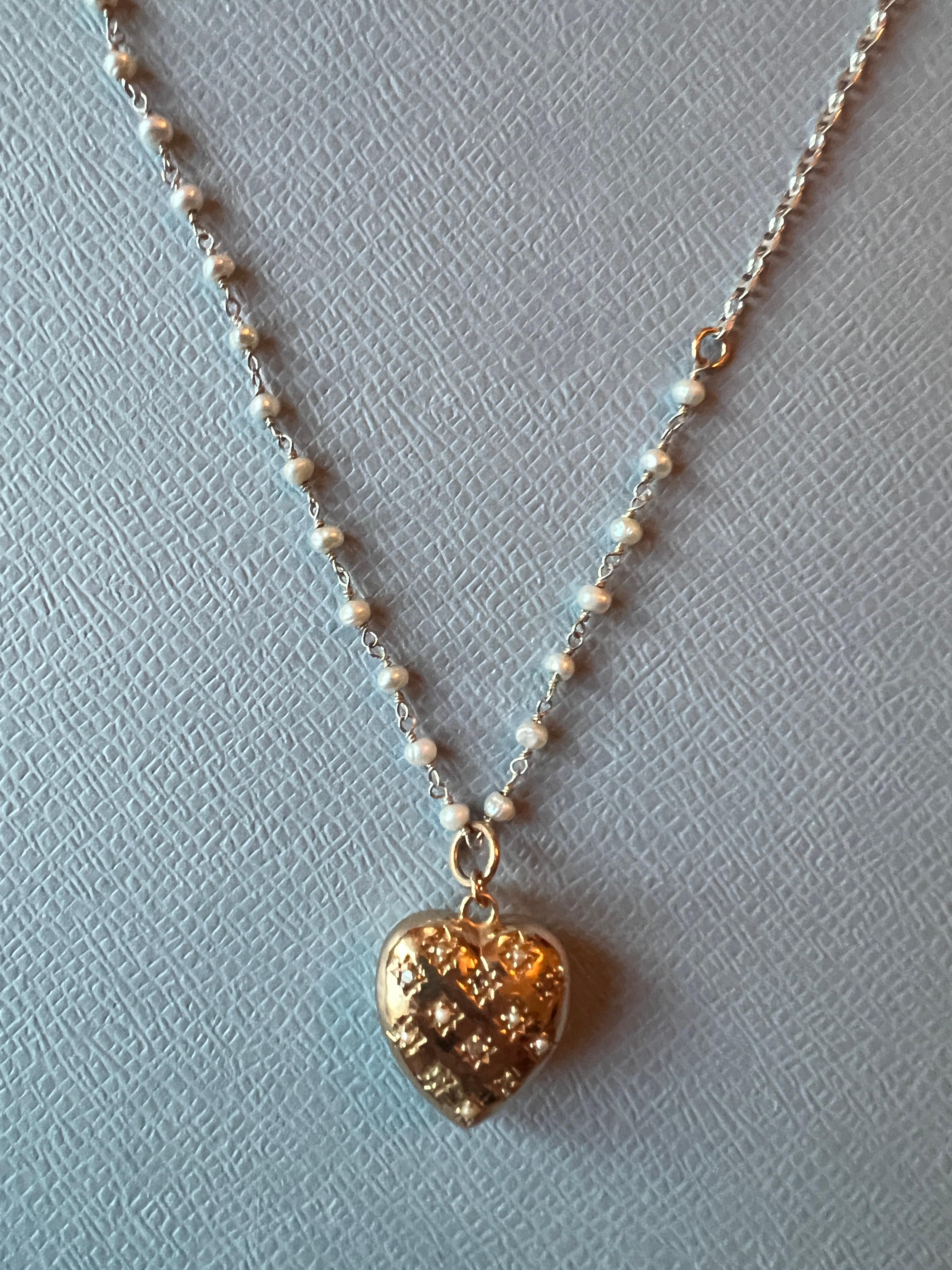 White Diamond Puffy Heart Necklace White Pearl Victorian Style For Sale 2