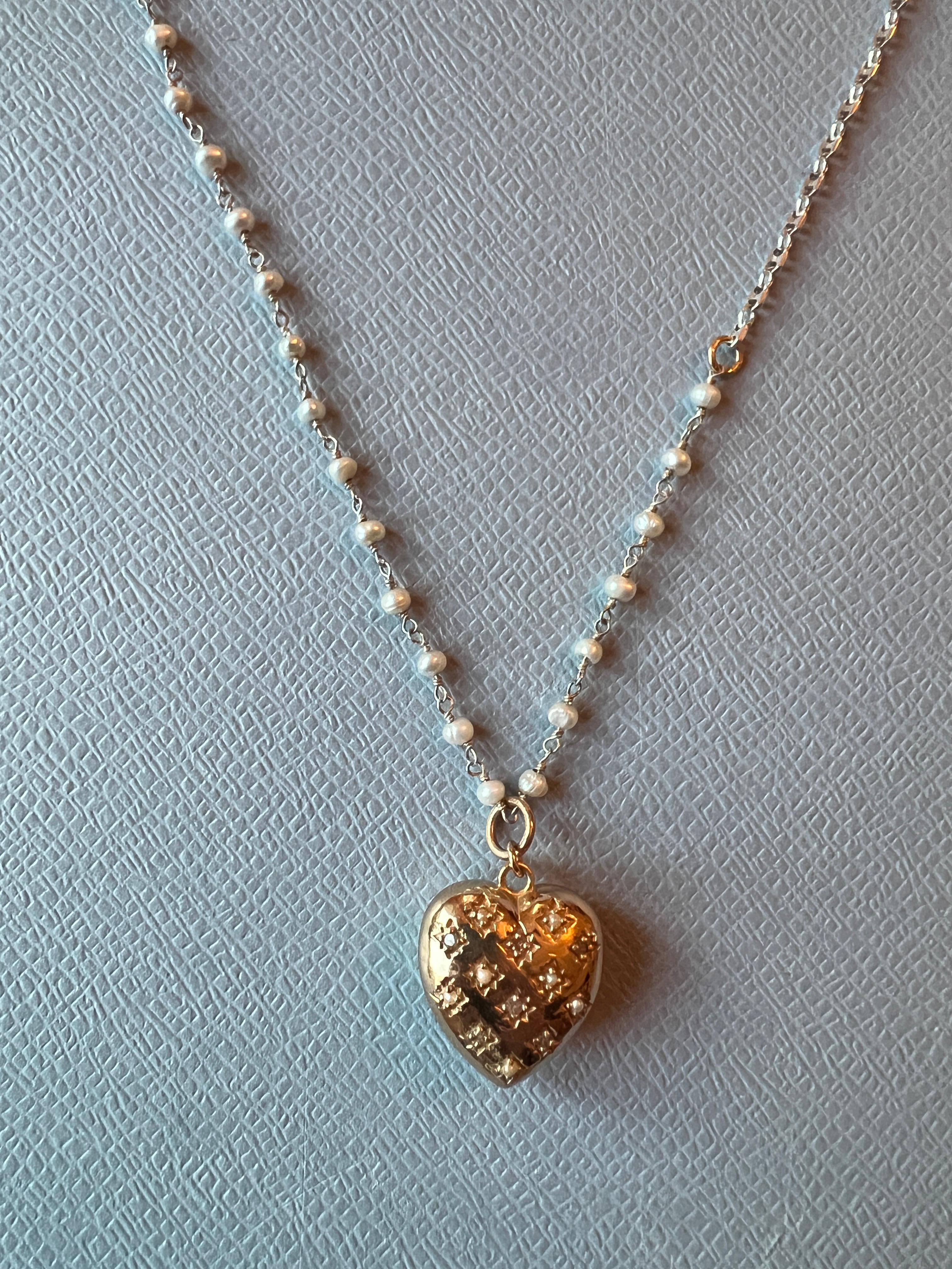 White Diamond Puffy Heart Necklace White Pearl Victorian Style For Sale 4