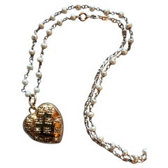 White Diamond Puffy Heart Necklace White Pearl Victorian Style