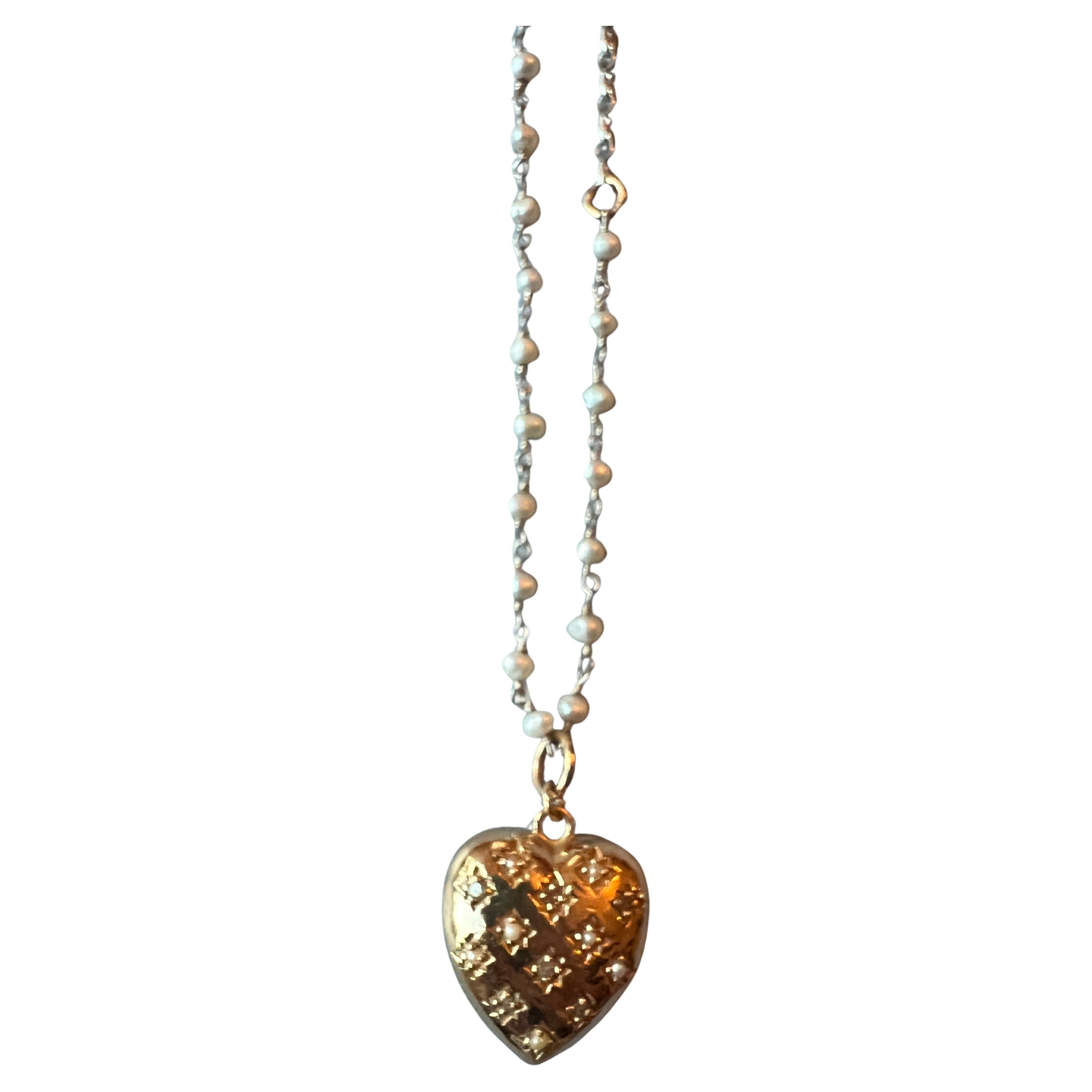 Brilliant Cut White Diamond Puffy Heart Necklace White Pearl Victorian Style For Sale