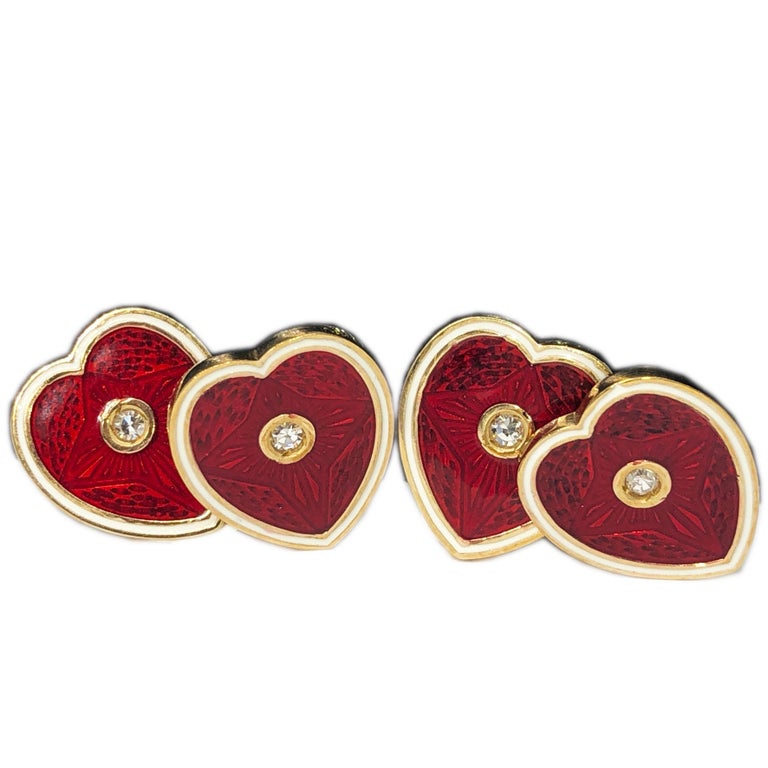Manschettenknöpfe aus Weißen Diamanten, Rot-Weißen Champlevé und Gelbgold, Emailliert, in Herz-Form 1