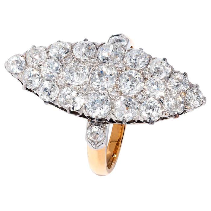 White Diamond Ring in Vintage Cluster Setting Set with Old Cut Diamonds ...