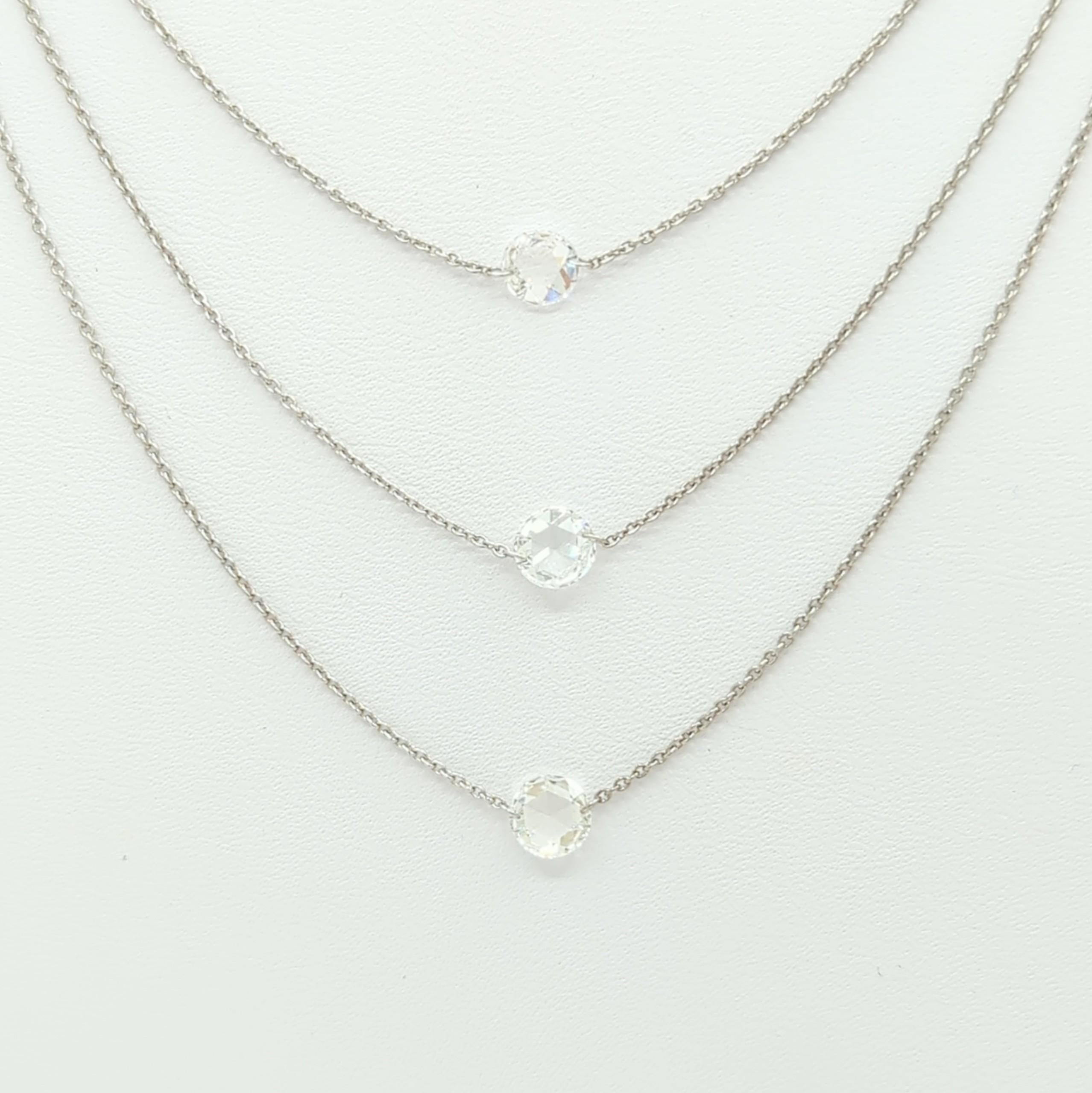 White Diamond Rose Cut 3 Layer Necklace in 18K White Gold For Sale 1