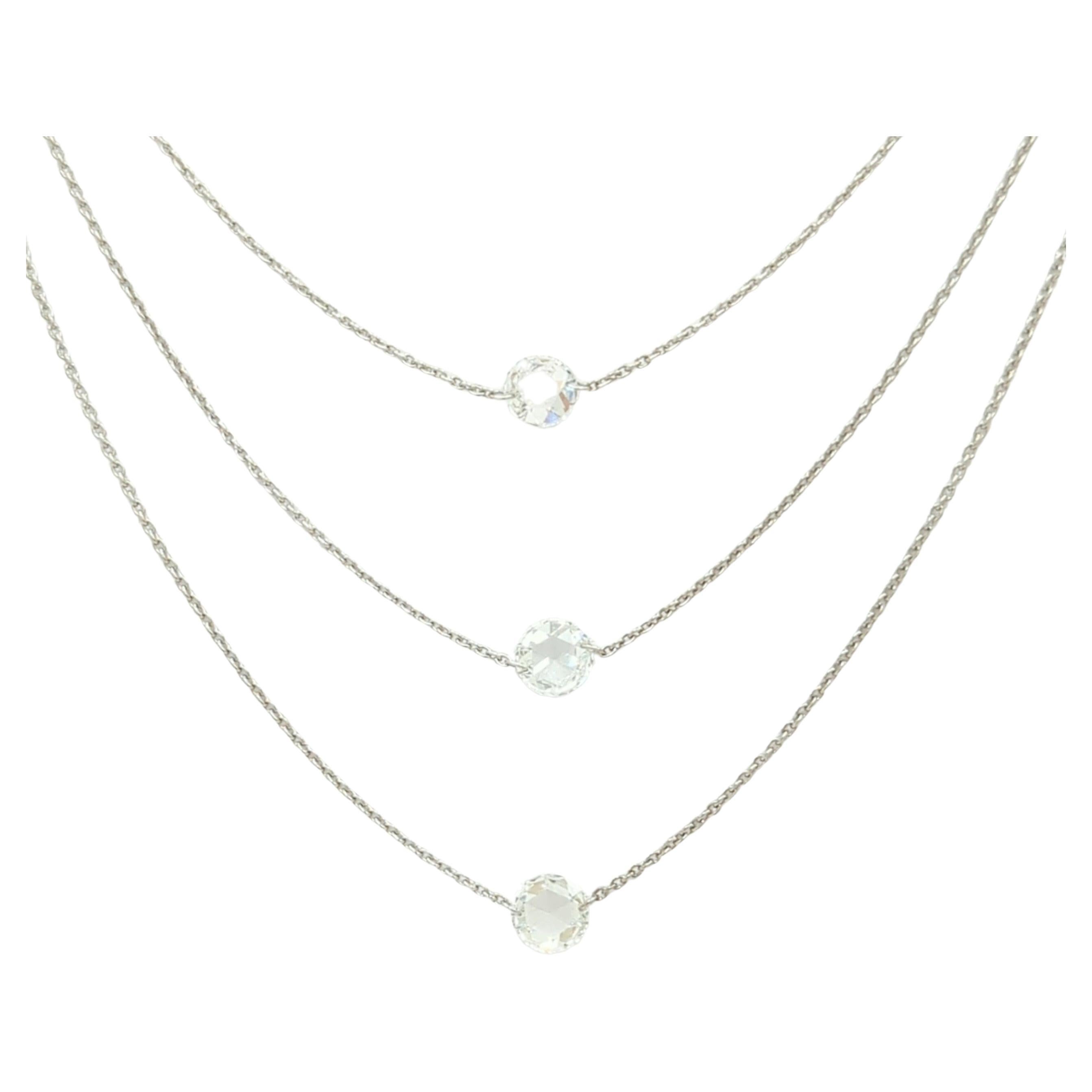 White Diamond Rose Cut 3 Layer Necklace in 18K White Gold For Sale