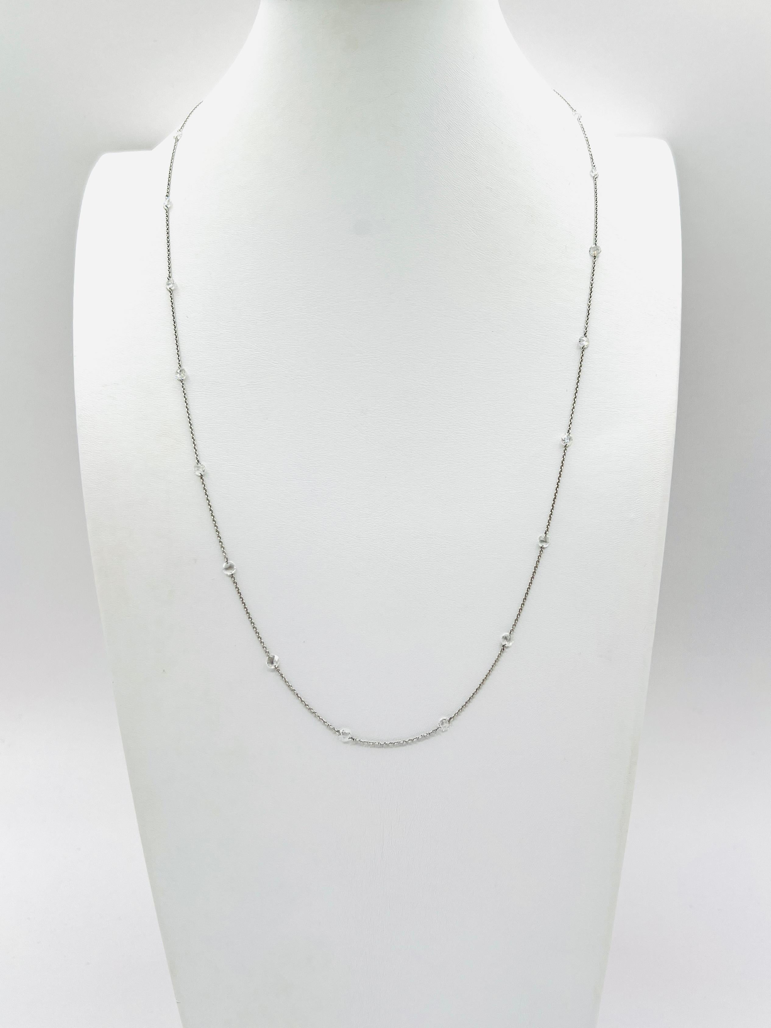 Women's or Men's White Diamond Rose Cut Necklace in 18K White Gold