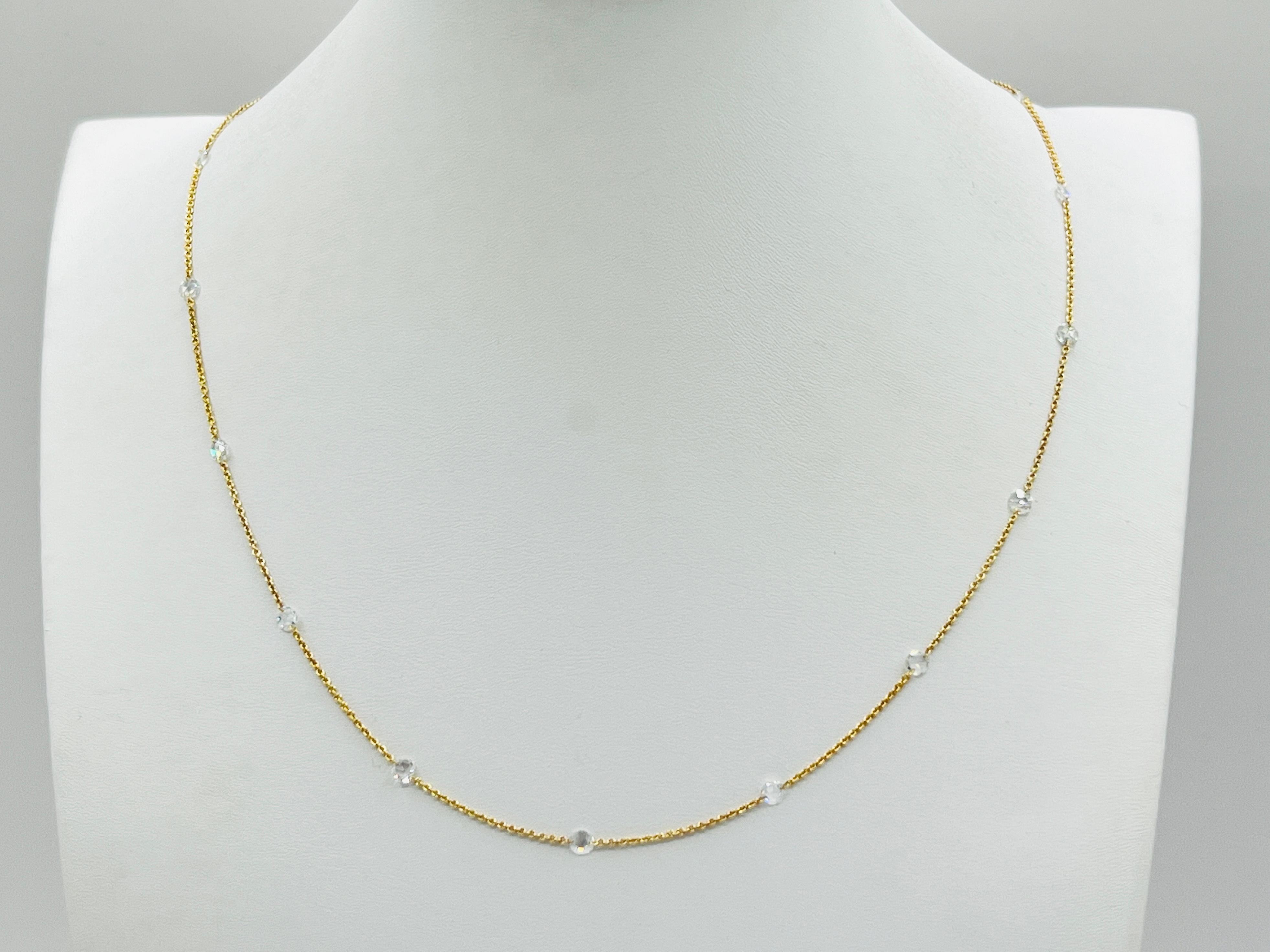 Women's or Men's White Diamond Rose Cut Necklace in 18K Yellow Gold
