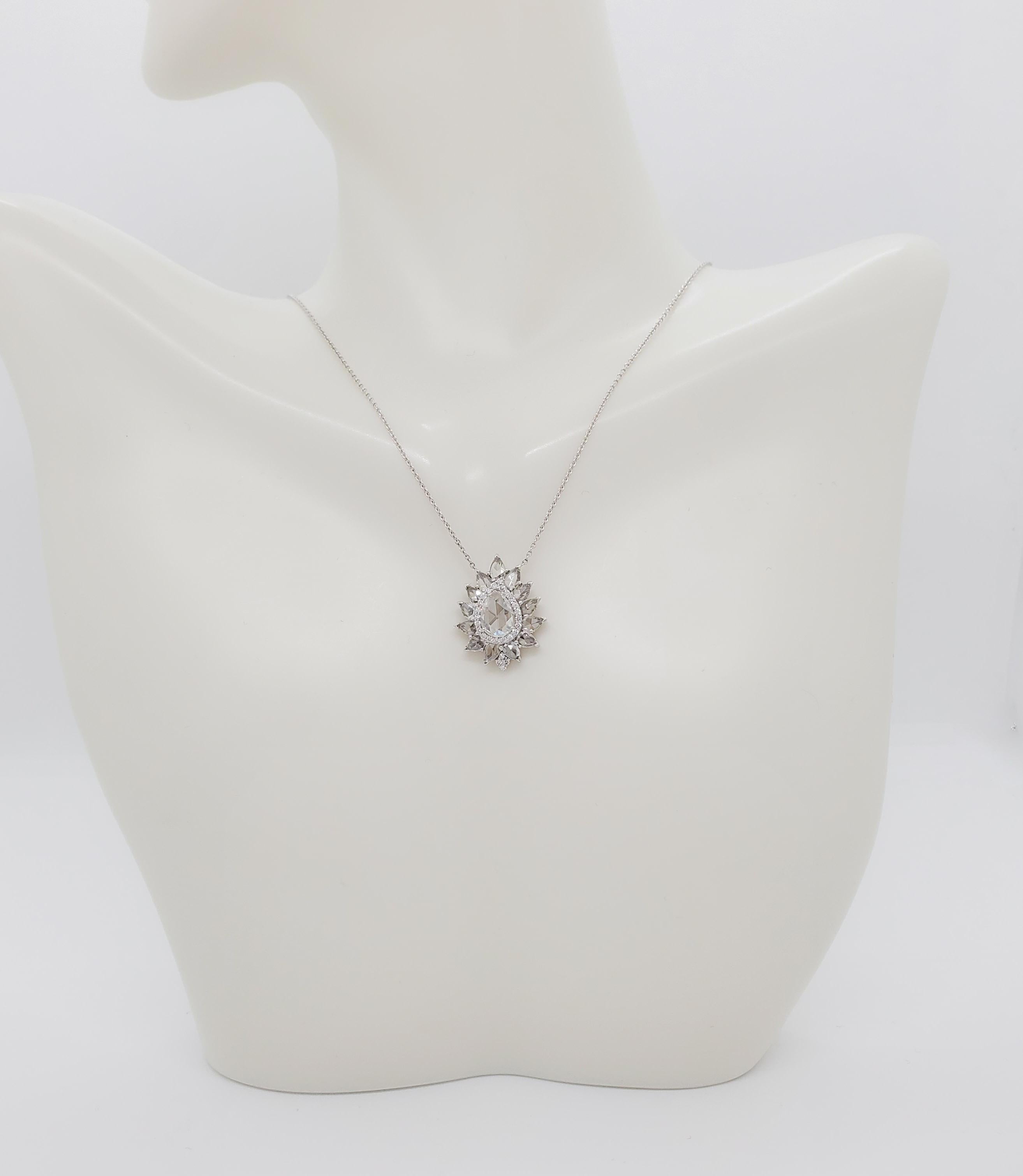 Pear Cut White Diamond Rose Cut Pendant Necklace in 18k White Gold For Sale