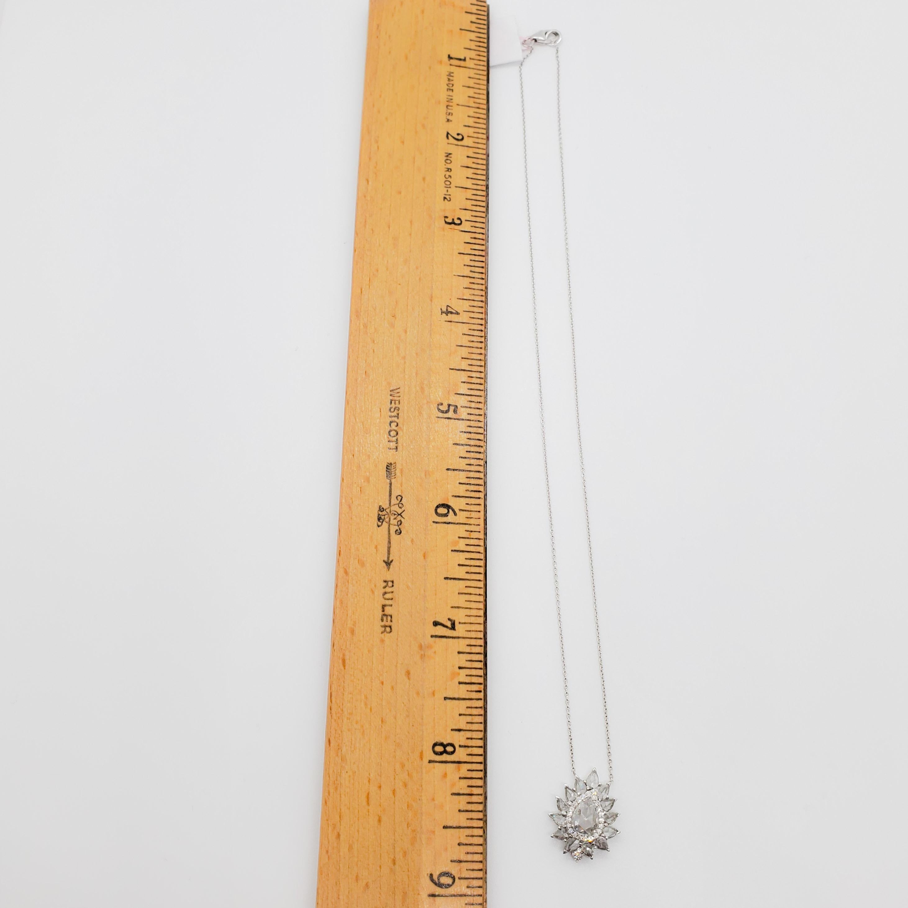 Women's or Men's White Diamond Rose Cut Pendant Necklace in 18k White Gold For Sale