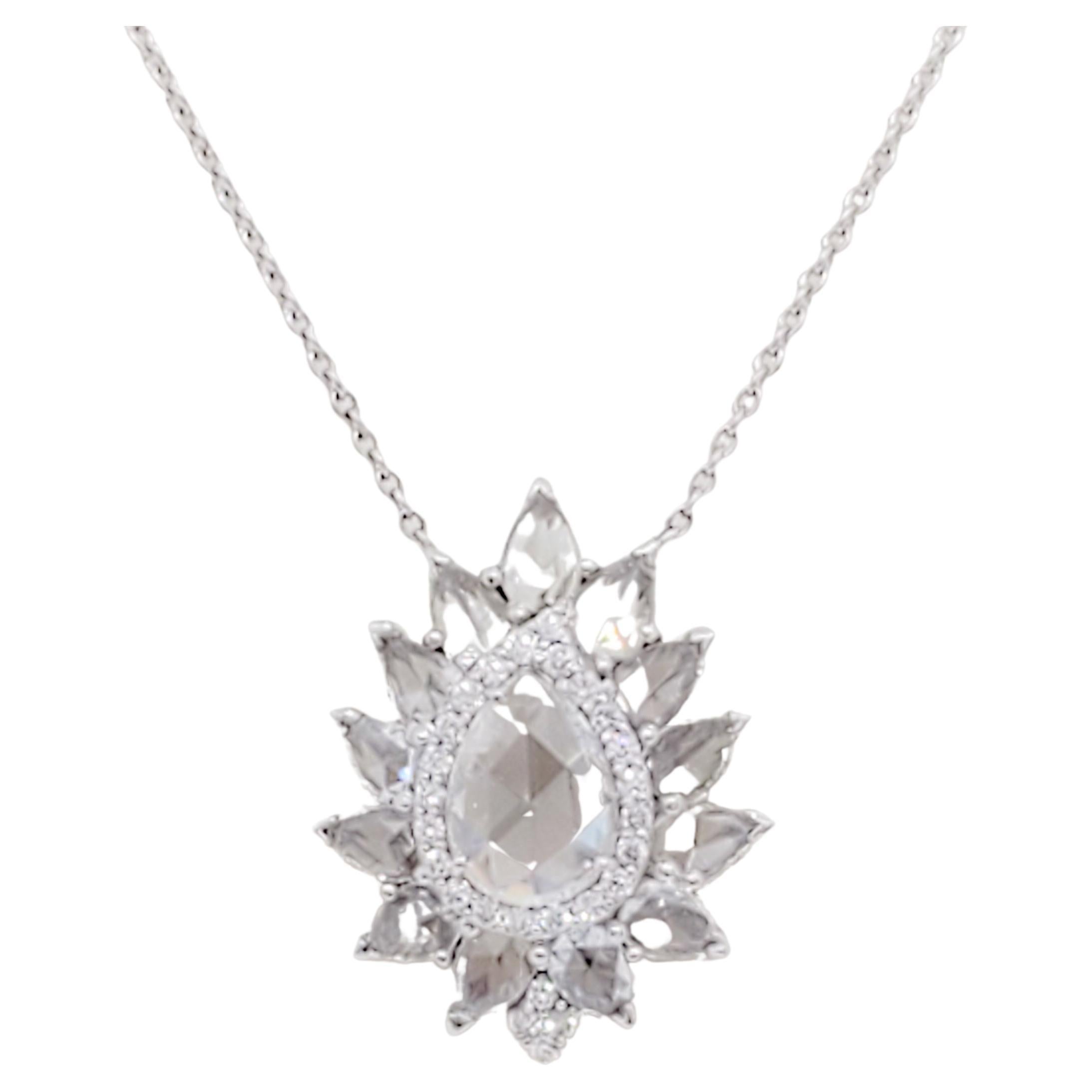 White Diamond Rose Cut Pendant Necklace in 18k White Gold For Sale
