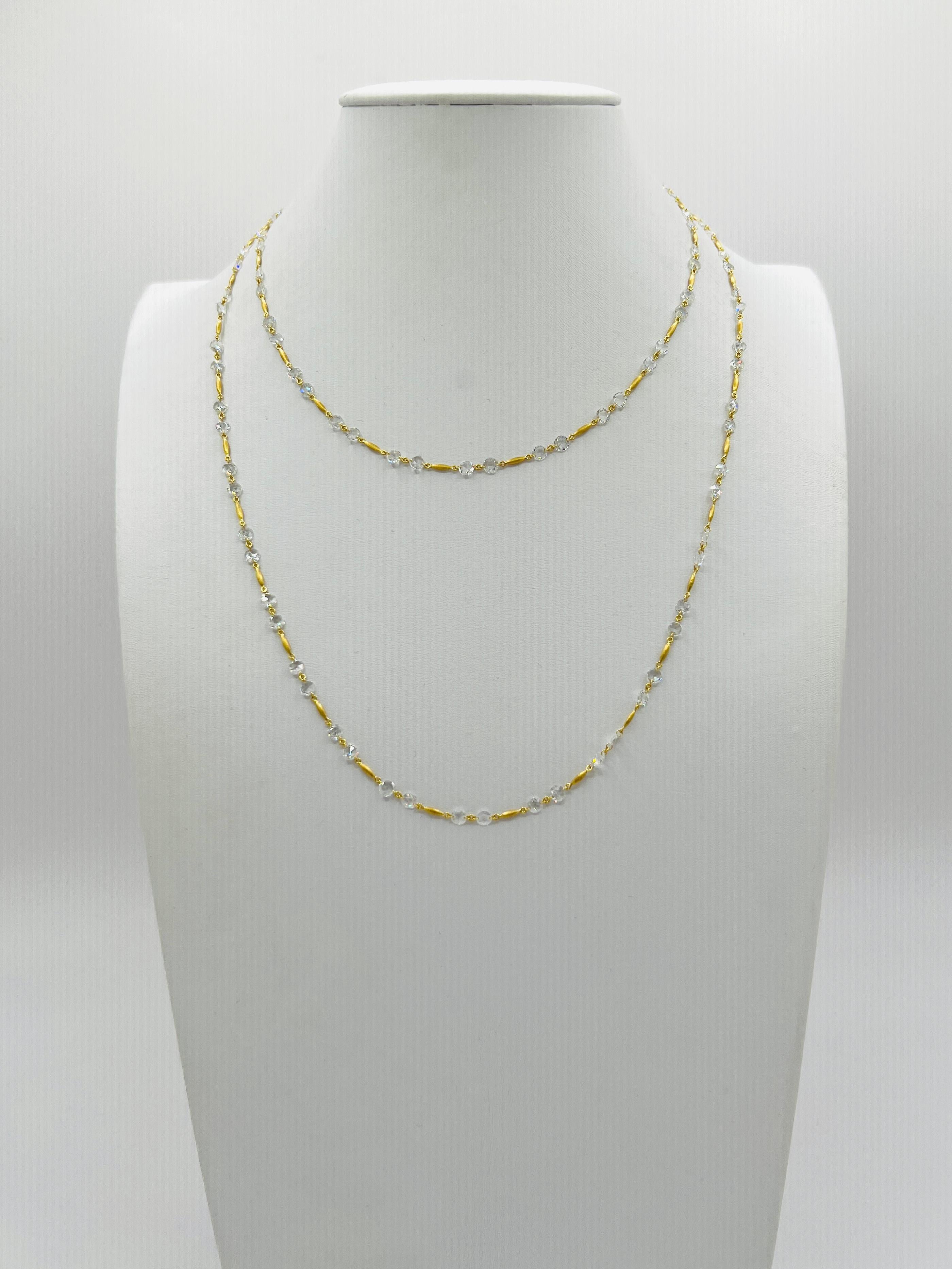 Women's or Men's White Diamond Rose Cut Round Chain Necklace in 18K Yellow Gold
