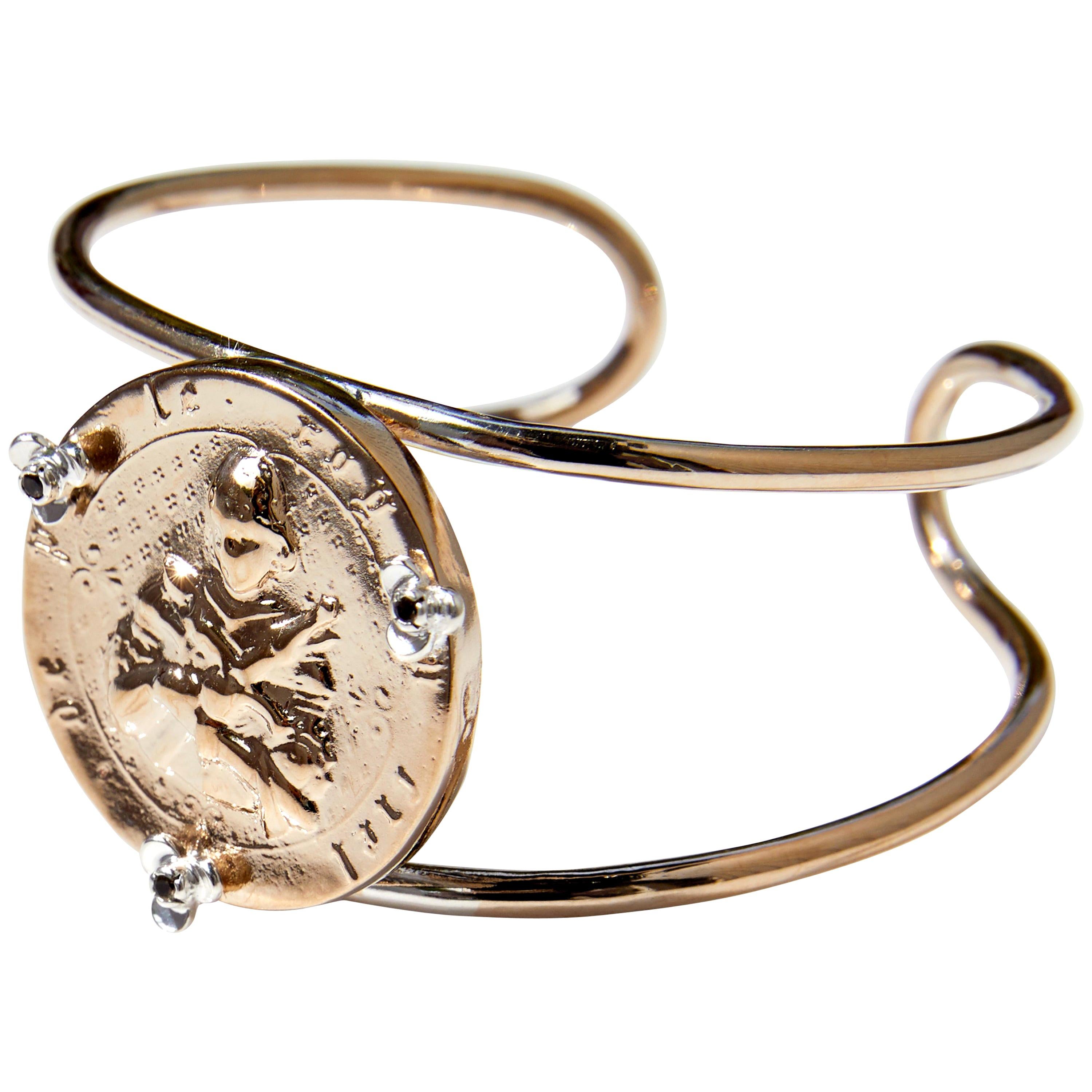Joan of Arc Bracelet manchette en forme de médaille avec pièce de monnaie et diamant blanc  J Dauphin bronze argenté