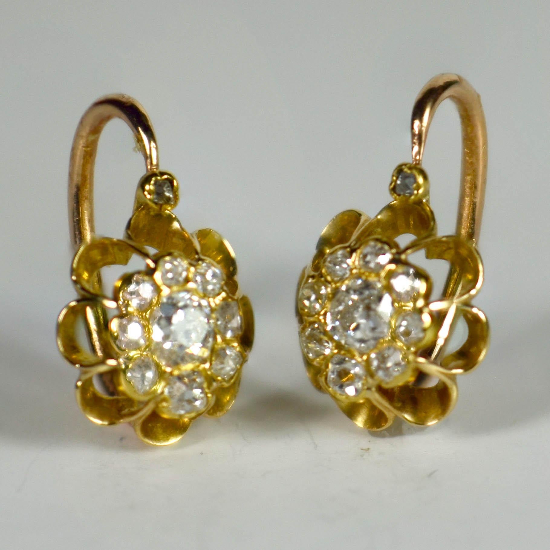 Old Mine Cut White Diamond Rose Yellow Gold Dormeuse Drop Cluster Earrings