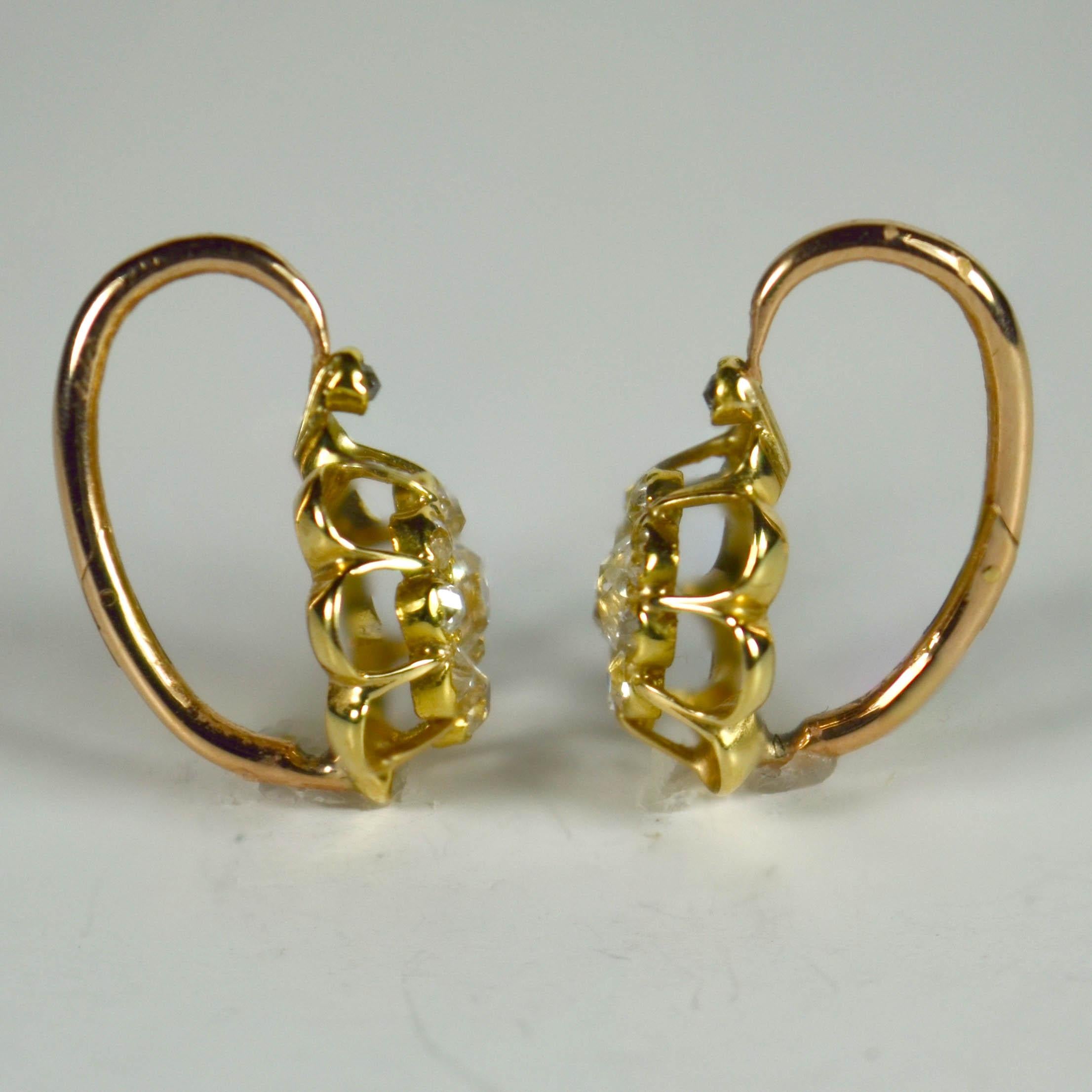Women's White Diamond Rose Yellow Gold Dormeuse Drop Cluster Earrings
