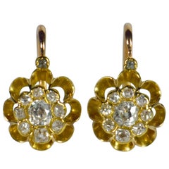 Antique White Diamond Rose Yellow Gold Dormeuse Drop Cluster Earrings