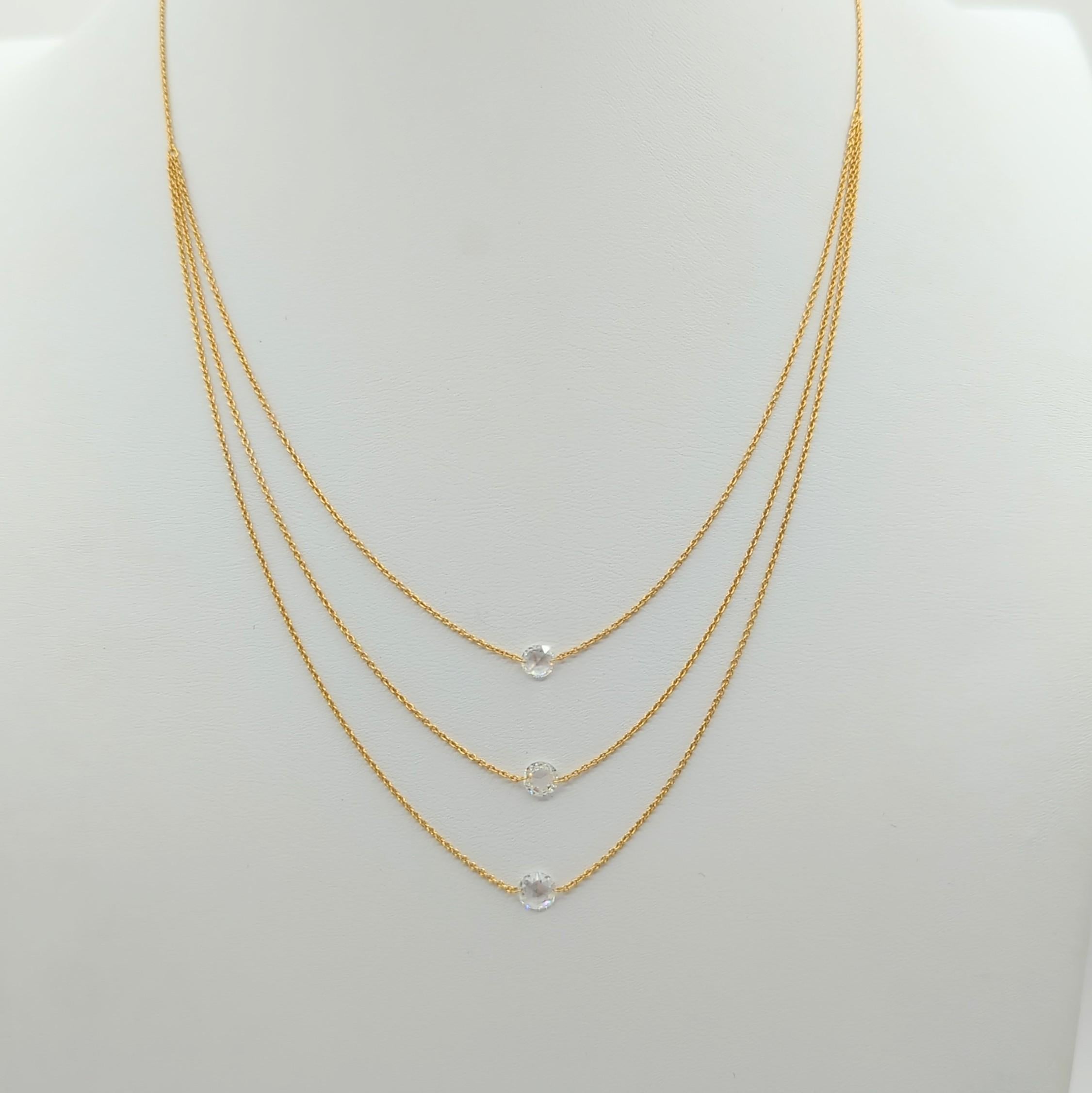 White Diamond Rosecut Layered Necklace in 18K Yellow Gold For Sale 1