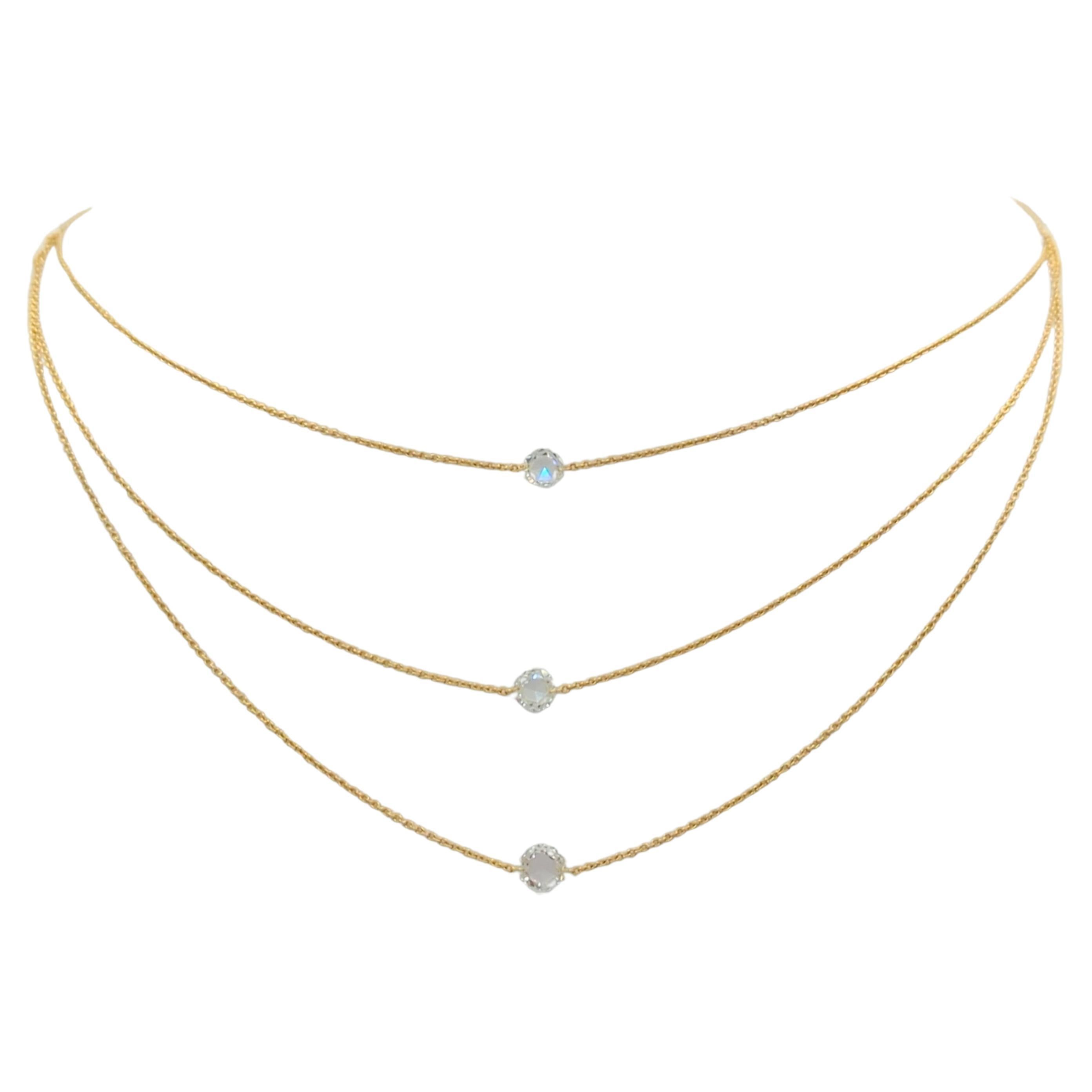 White Diamond Rosecut Layered Necklace in 18K Yellow Gold For Sale