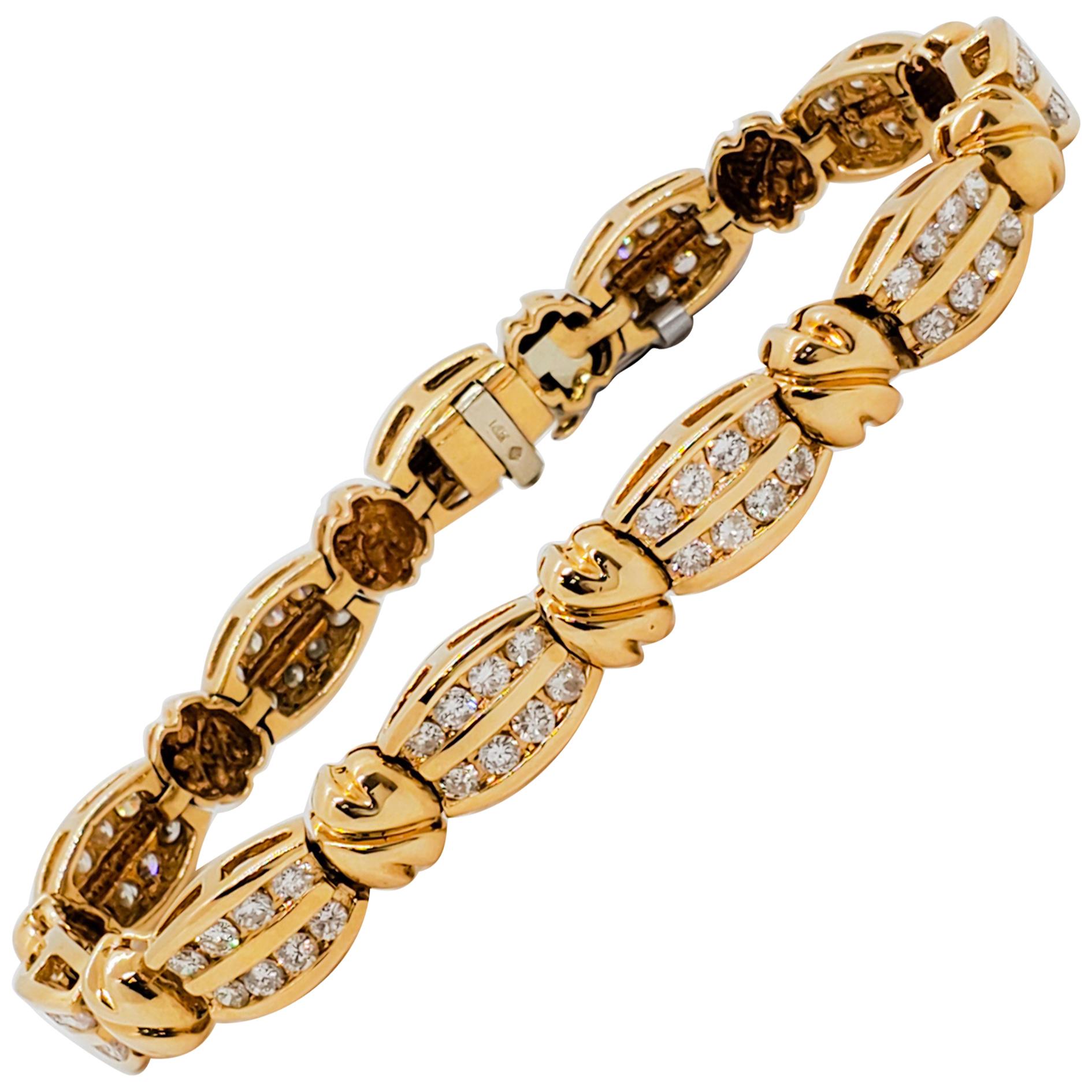 Yellow Gold and White Diamond Bracelet in 14 Karat Yellow Gold For Sale