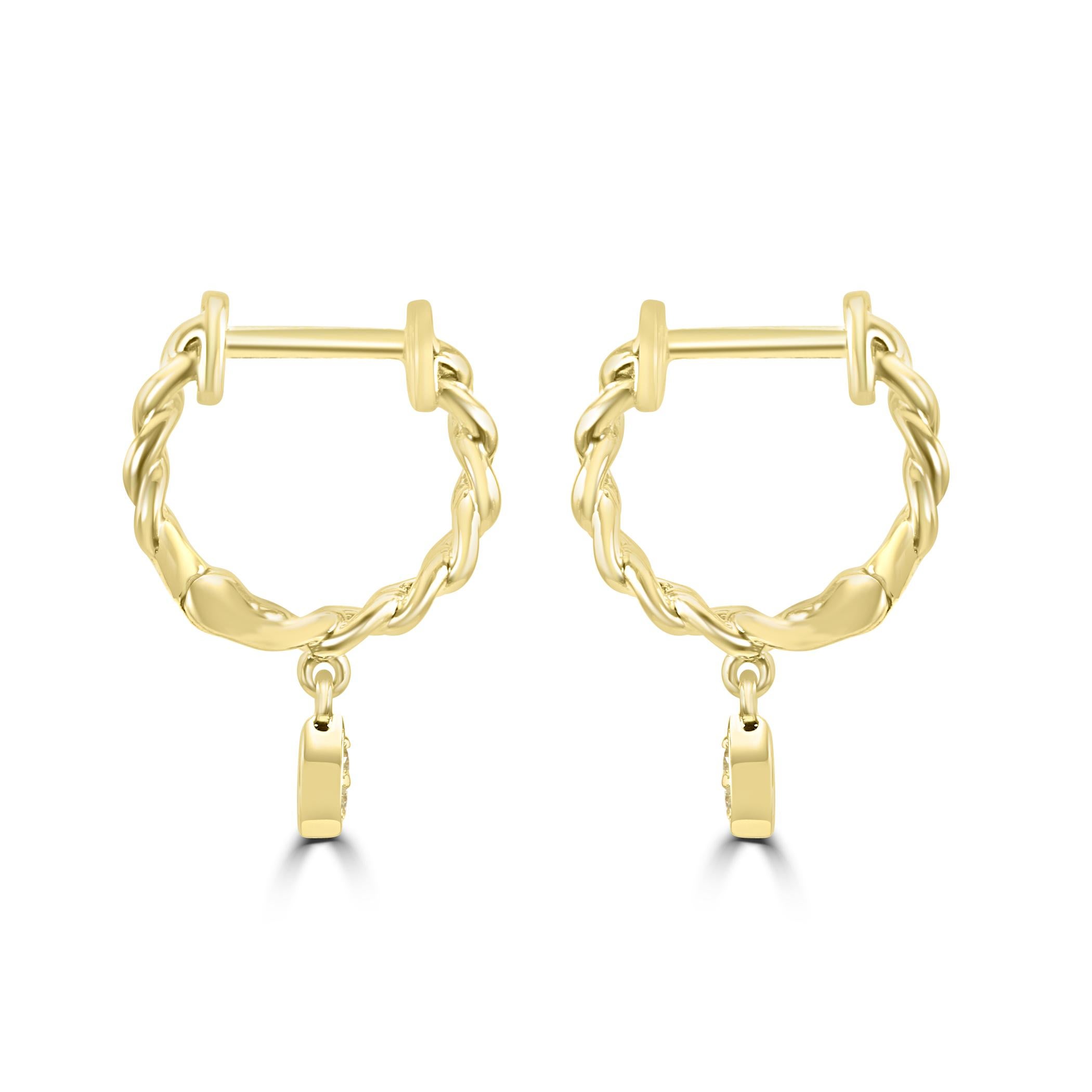 Moderne Pendants d'oreilles Huggie fantaisie en or jaune 14 carats avec diamants blancs ronds en vente