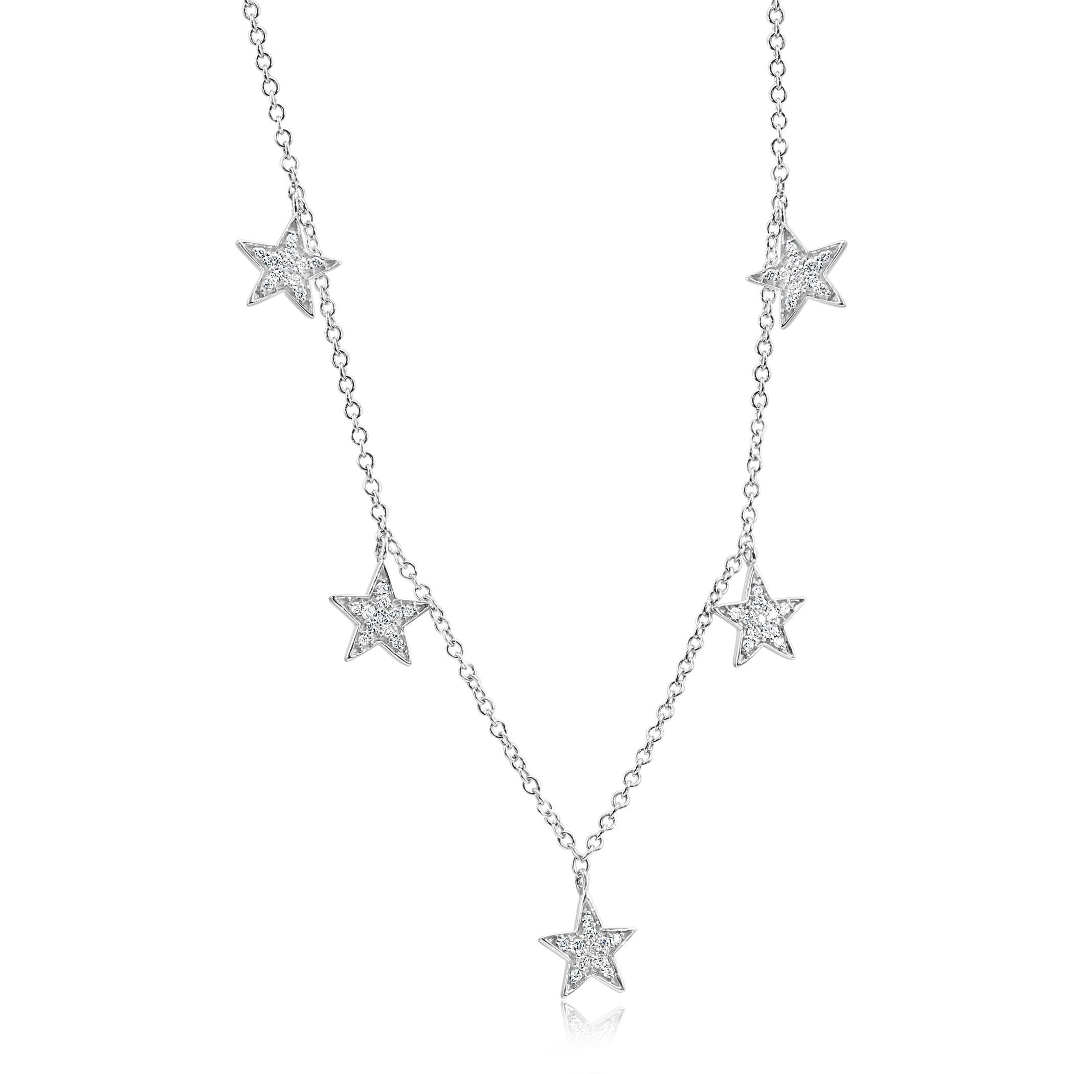 Contemporary White Diamond Round 14K Gold Fashion Dangle Drop 5 Star Pendant Chain Necklace
