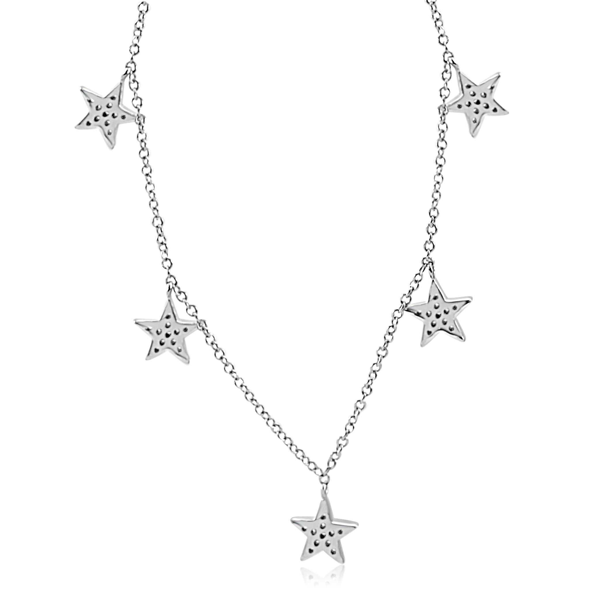 Round Cut White Diamond Round 14K Gold Fashion Dangle Drop 5 Star Pendant Chain Necklace