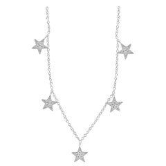 White Diamond Round 14K Gold Fashion Dangle Drop 5 Star Pendant Chain Necklace