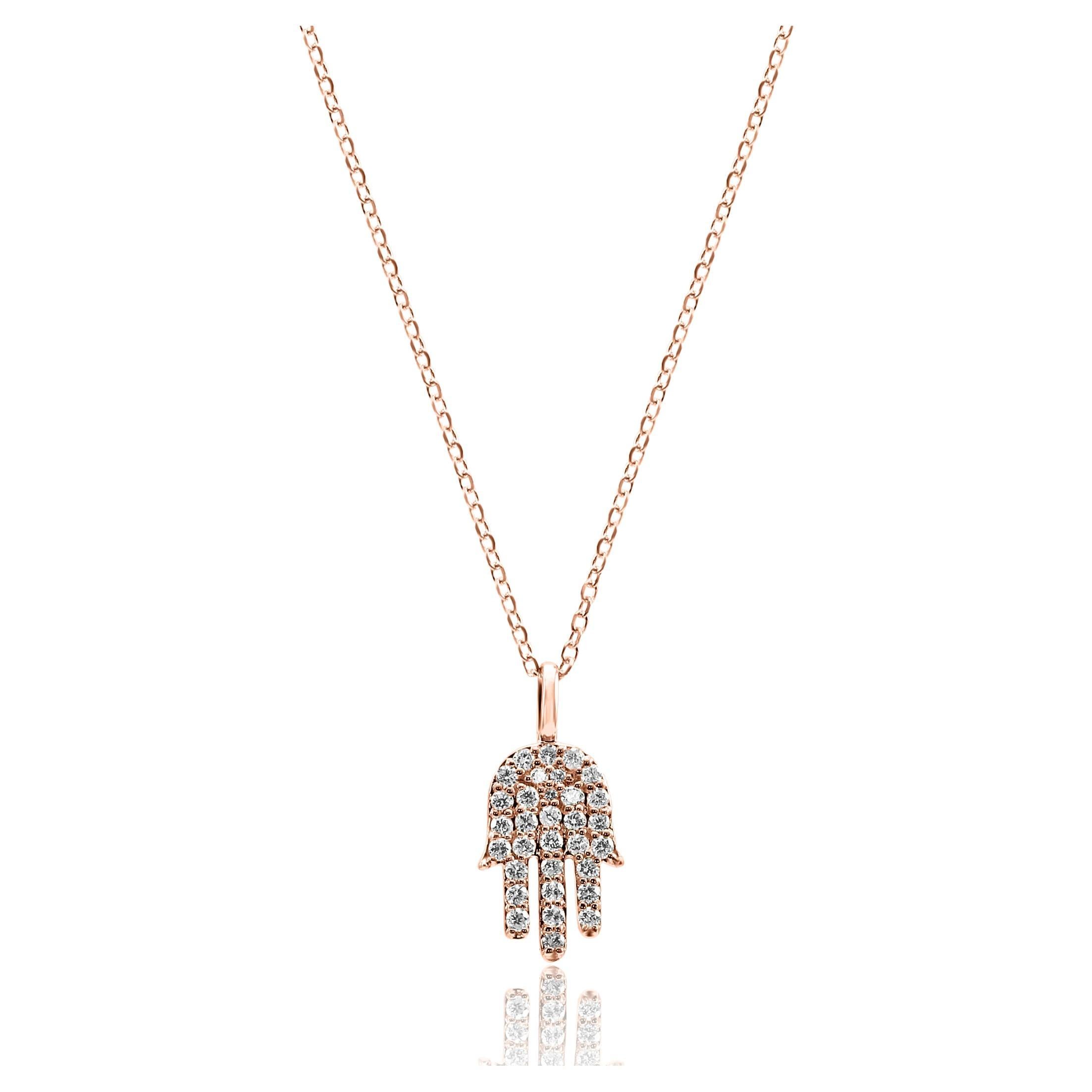 Collana con diamante bianco rotondo in oro 14 carati "Hamsa" con ciondolo a catena in vendita