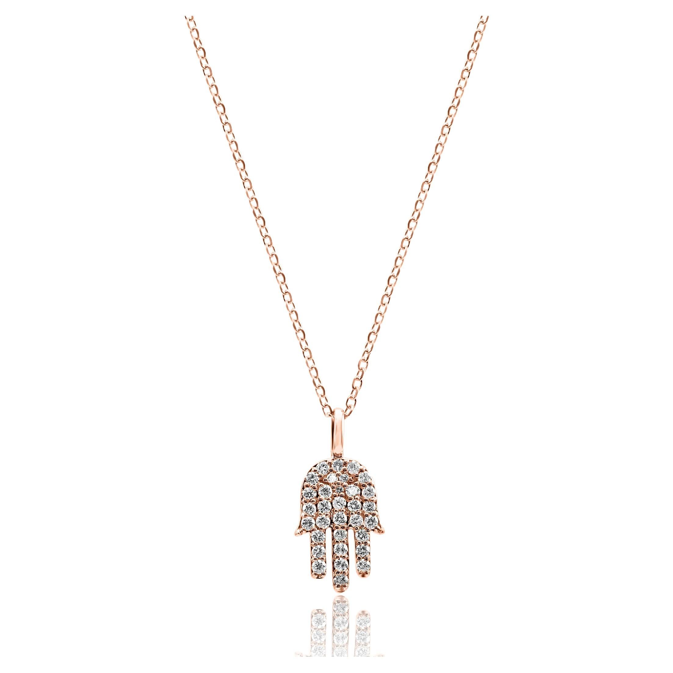 White Diamond Round 14K Rose Gold "Hamsa" Drop Pendent Chain Fashion Necklace 