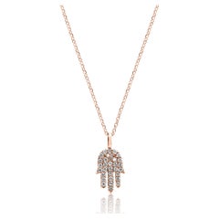 White Diamond Round 14 Karat Gold "Hamsa" Drop Pendent Chain Fashion Necklace