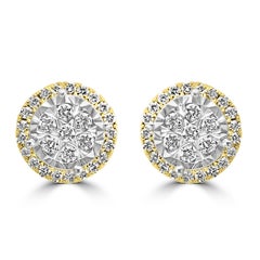 White Diamond Round 14 Karat White & Yellow Gold Big Look Stud Halo Earring