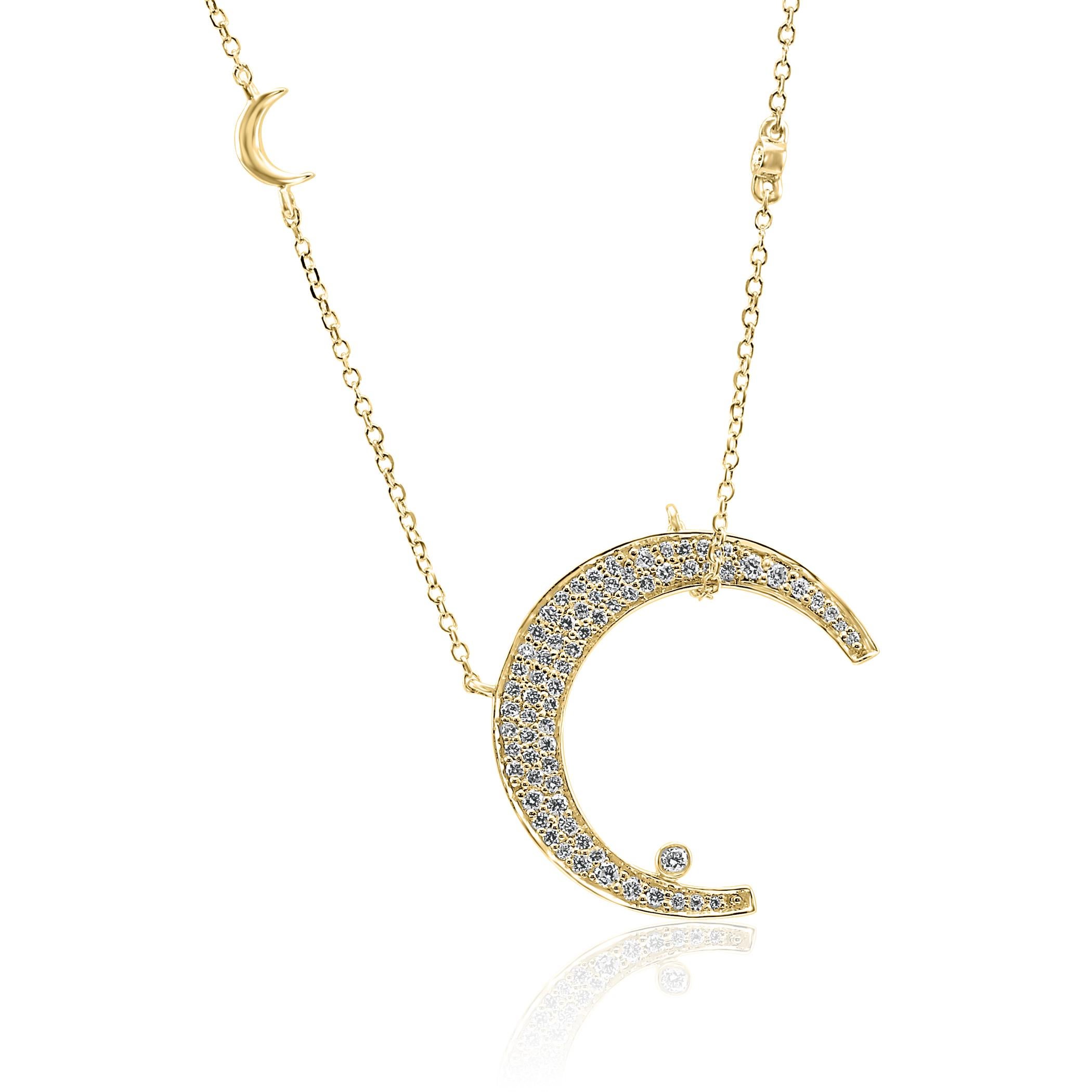Modern White Diamond Round 14K Yellow Gold Crescent Fashion Drop Pendent Chain Necklace For Sale