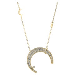 White Diamond Round 14K Yellow Gold Crescent Fashion Drop Pendent Chain Necklace