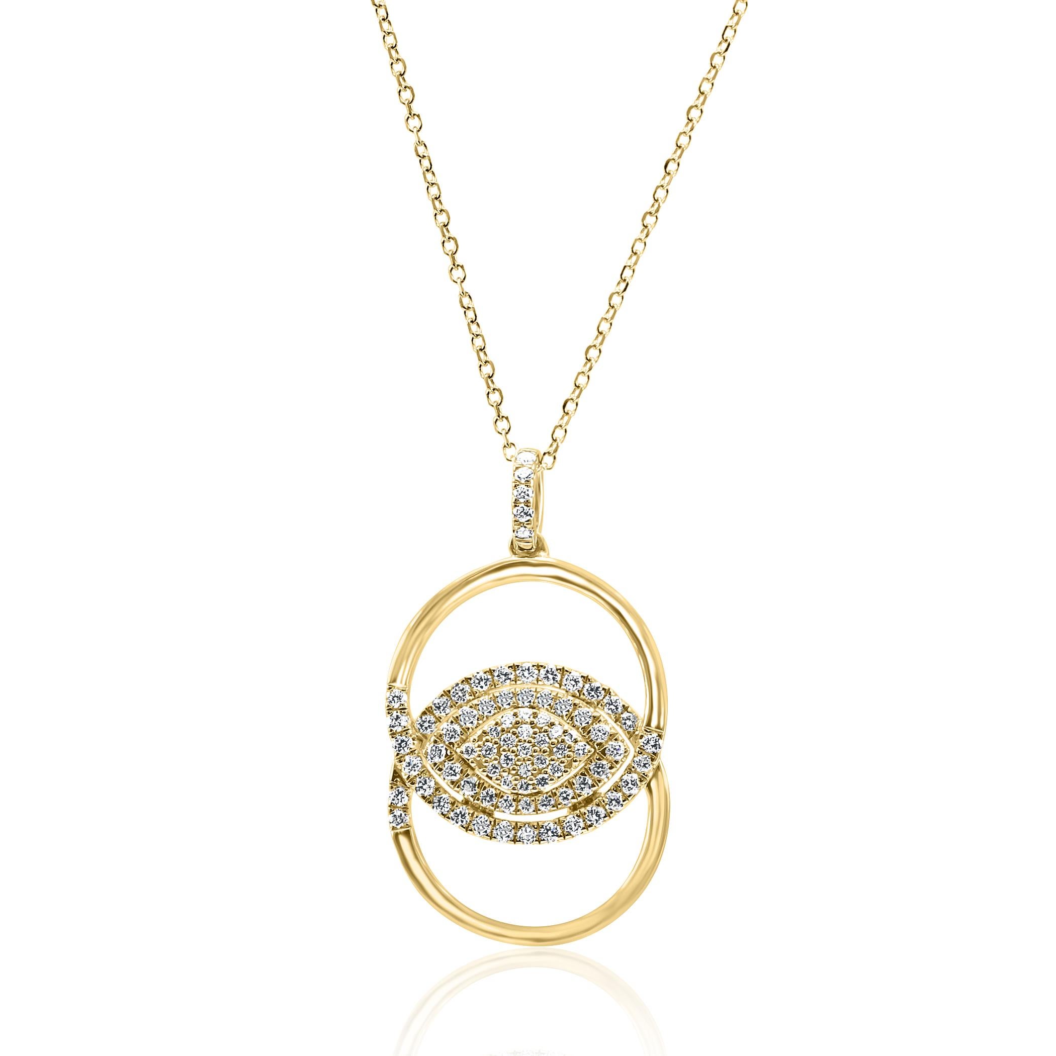 Taille ronde Collier pendentif à la mode œil maléfique en or 14 carats avec diamants blancs ronds en vente