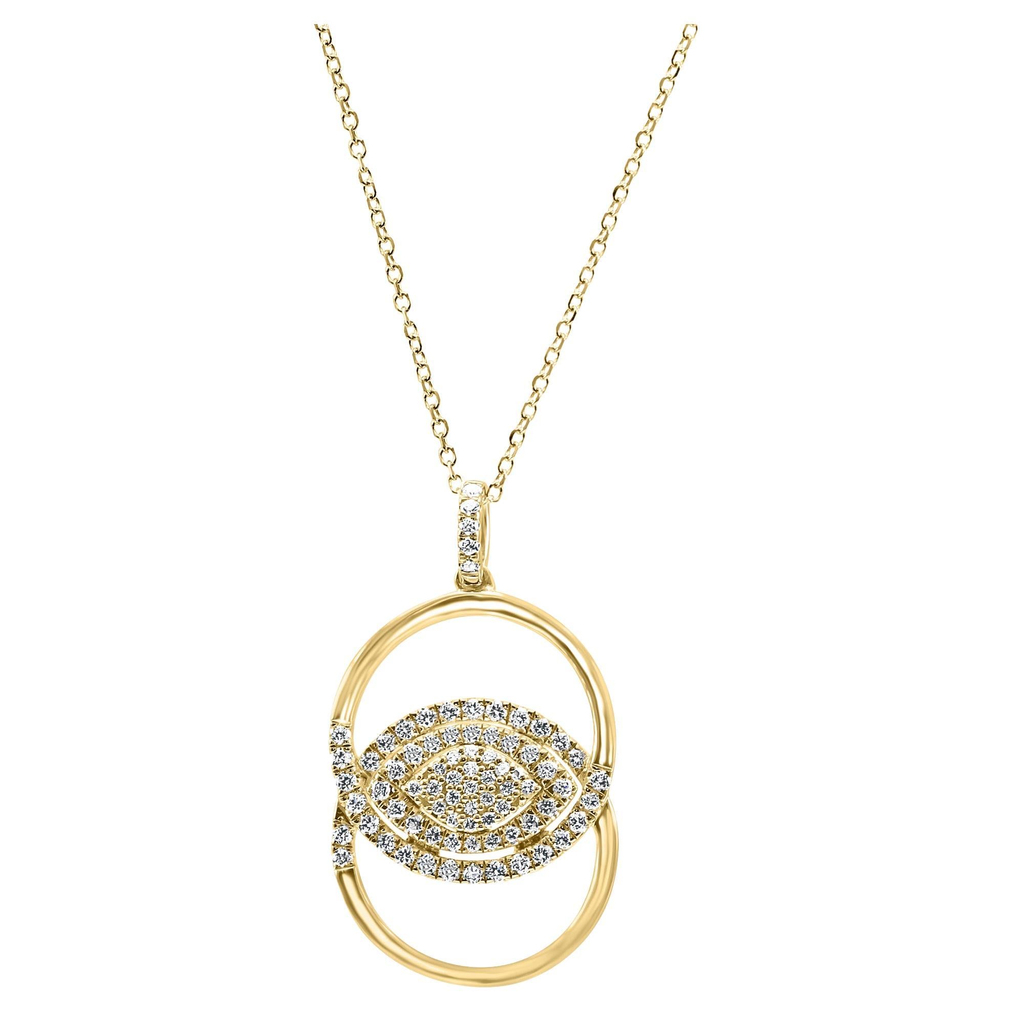 White Diamond Round 14K Yellow Gold Evil Eye Fashion Drop Pendent Chain Necklace