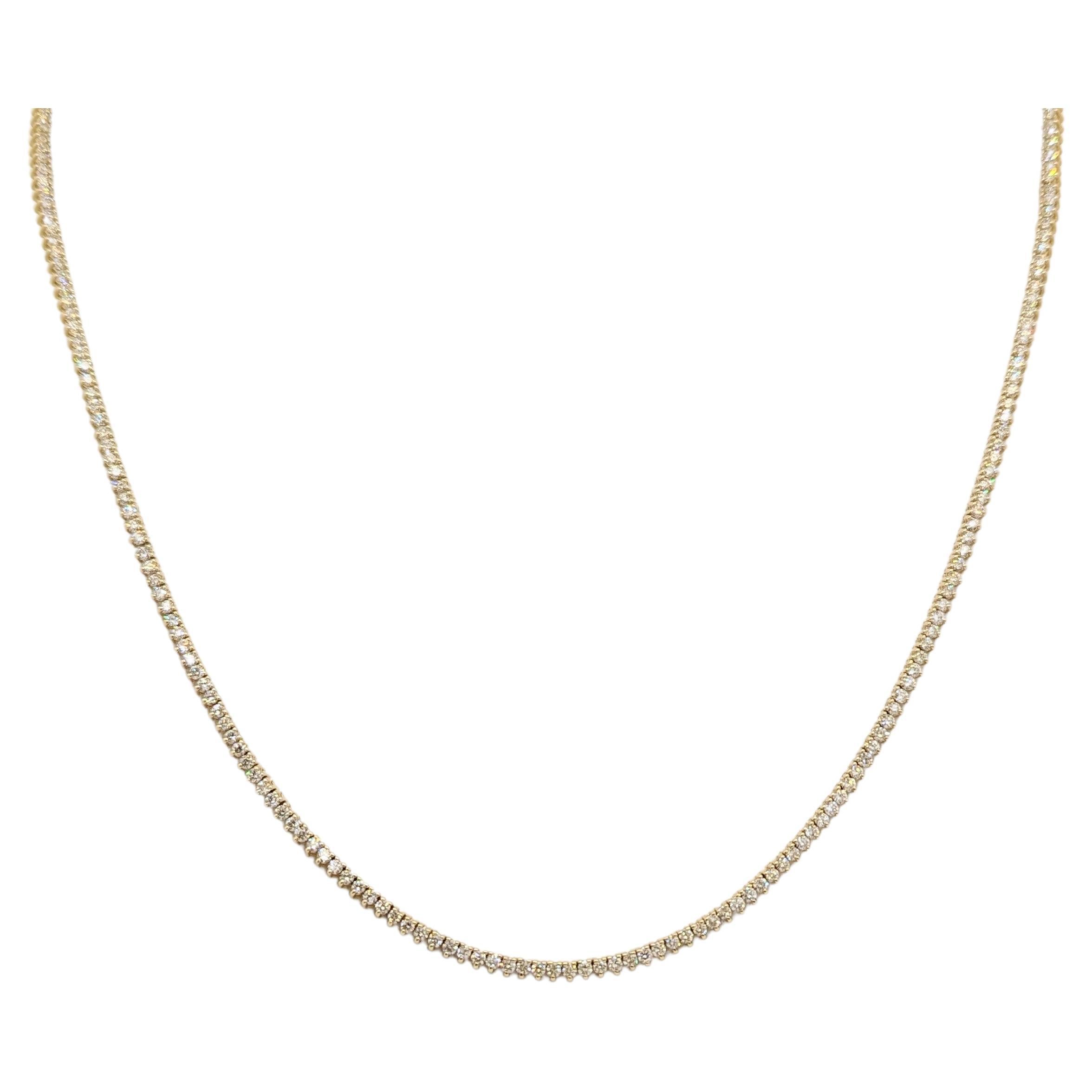 White Diamond Round 3 Prong Tennis Necklace in 14K Yellow Gold For Sale