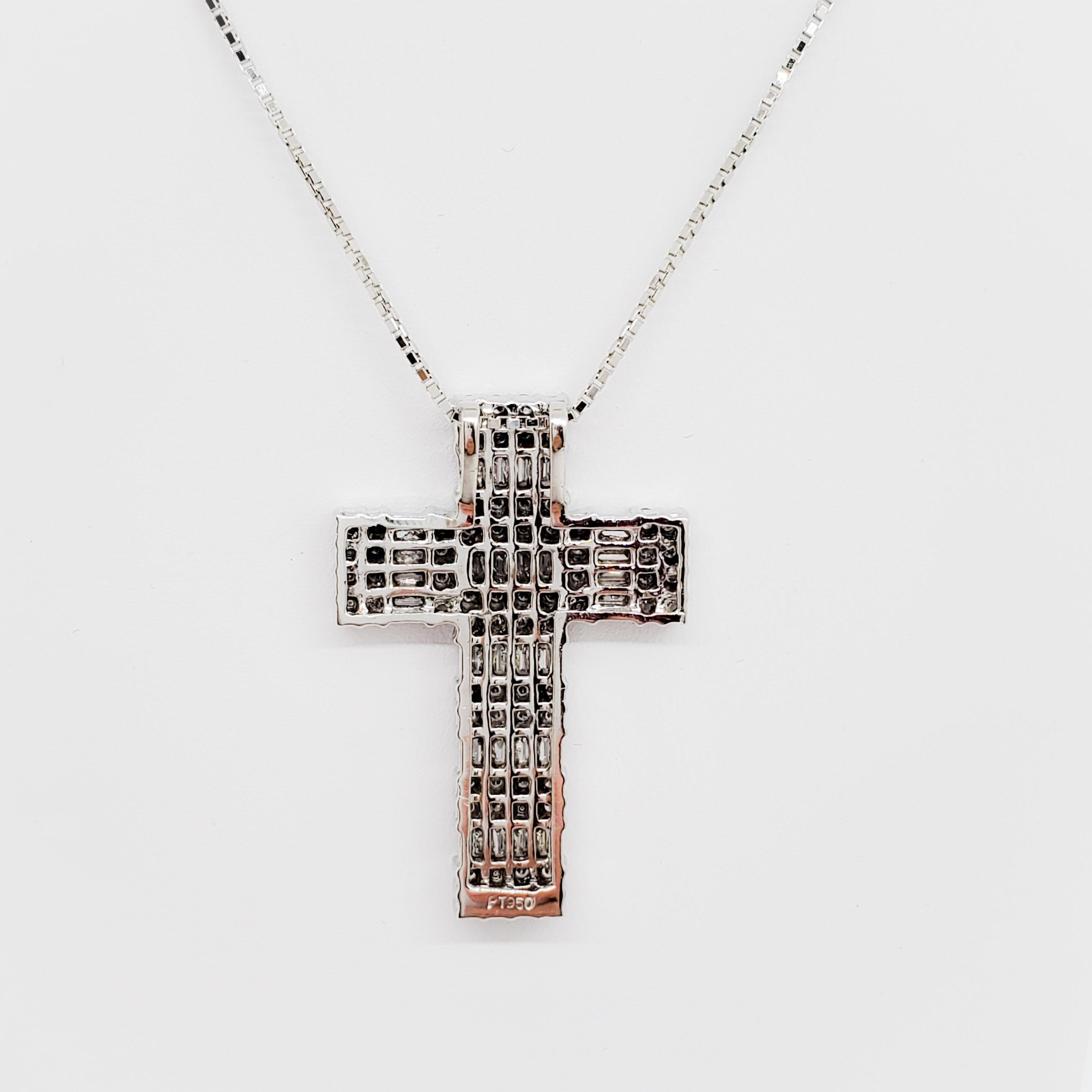 Round Cut White Diamond Round and Baguette Cross Pendant Necklace in Platinum