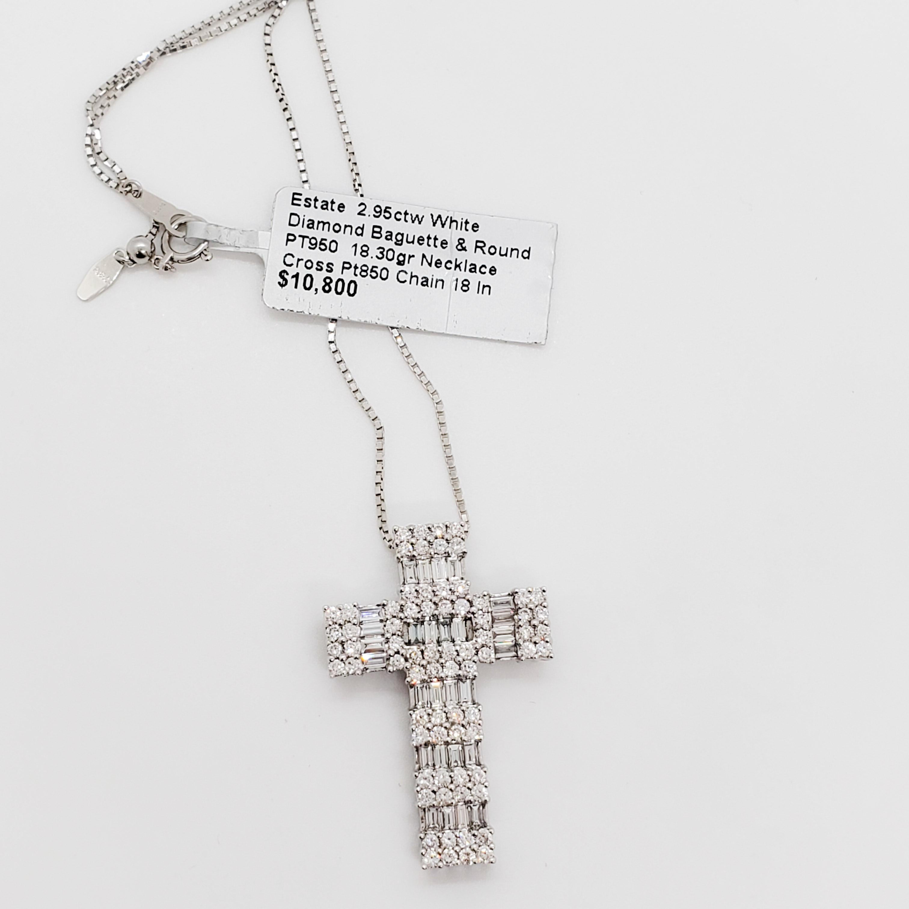 Women's or Men's White Diamond Round and Baguette Cross Pendant Necklace in Platinum
