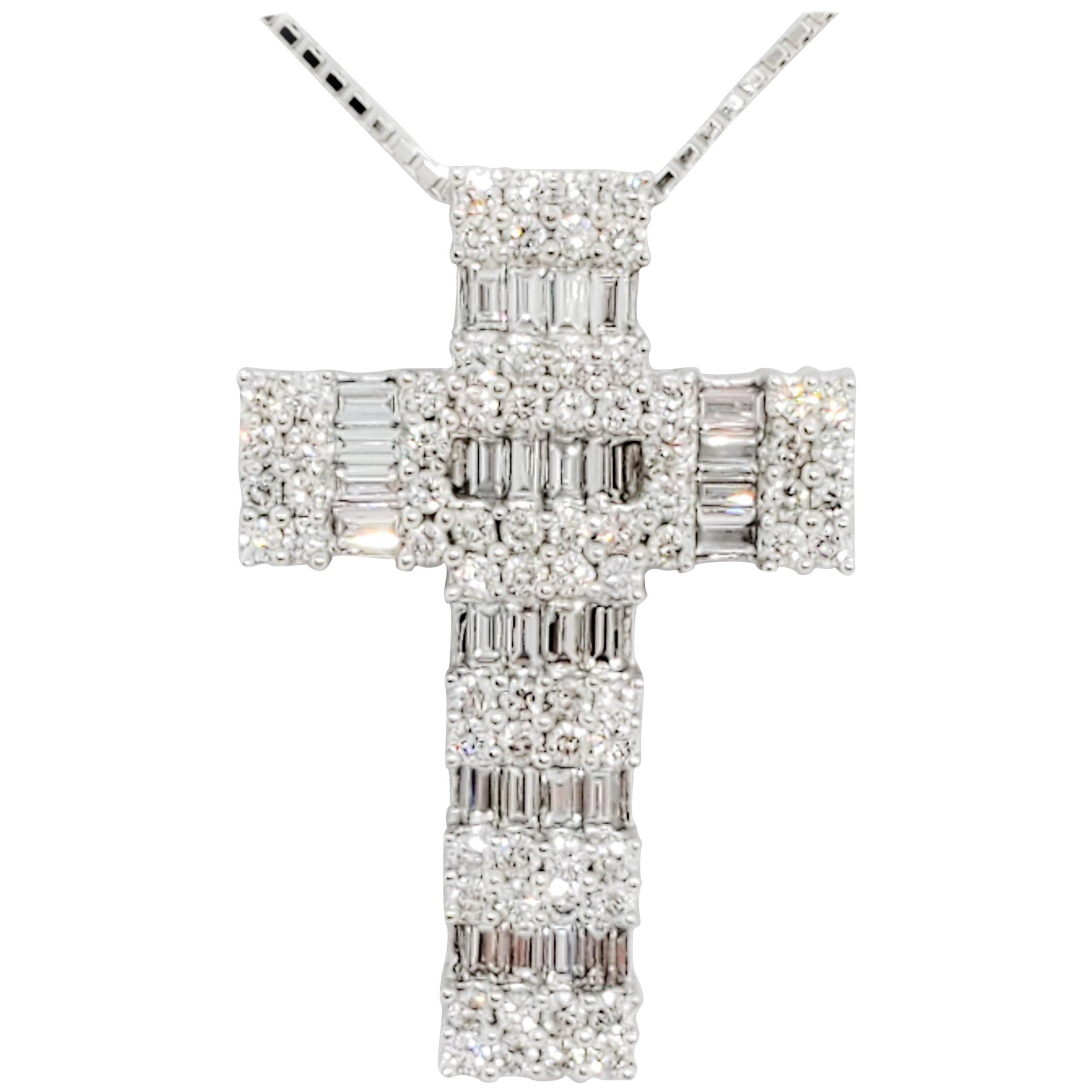 White Diamond Round and Baguette Cross Pendant Necklace in Platinum
