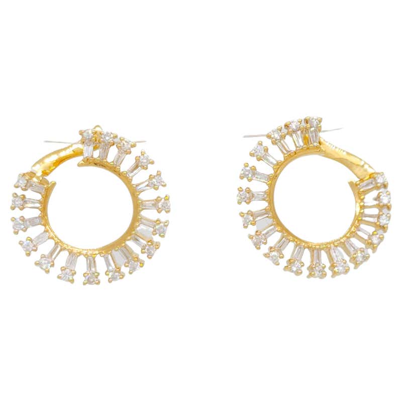 White Diamond Round and Baguette Hoops in 18k Yellow Gold For Sale at ...