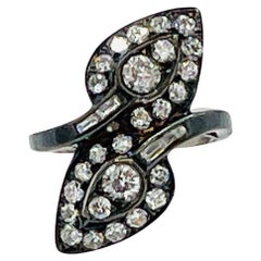 White Diamond Round and Baguette Leaf Design Ring in Black Rhodium & 14K Gold