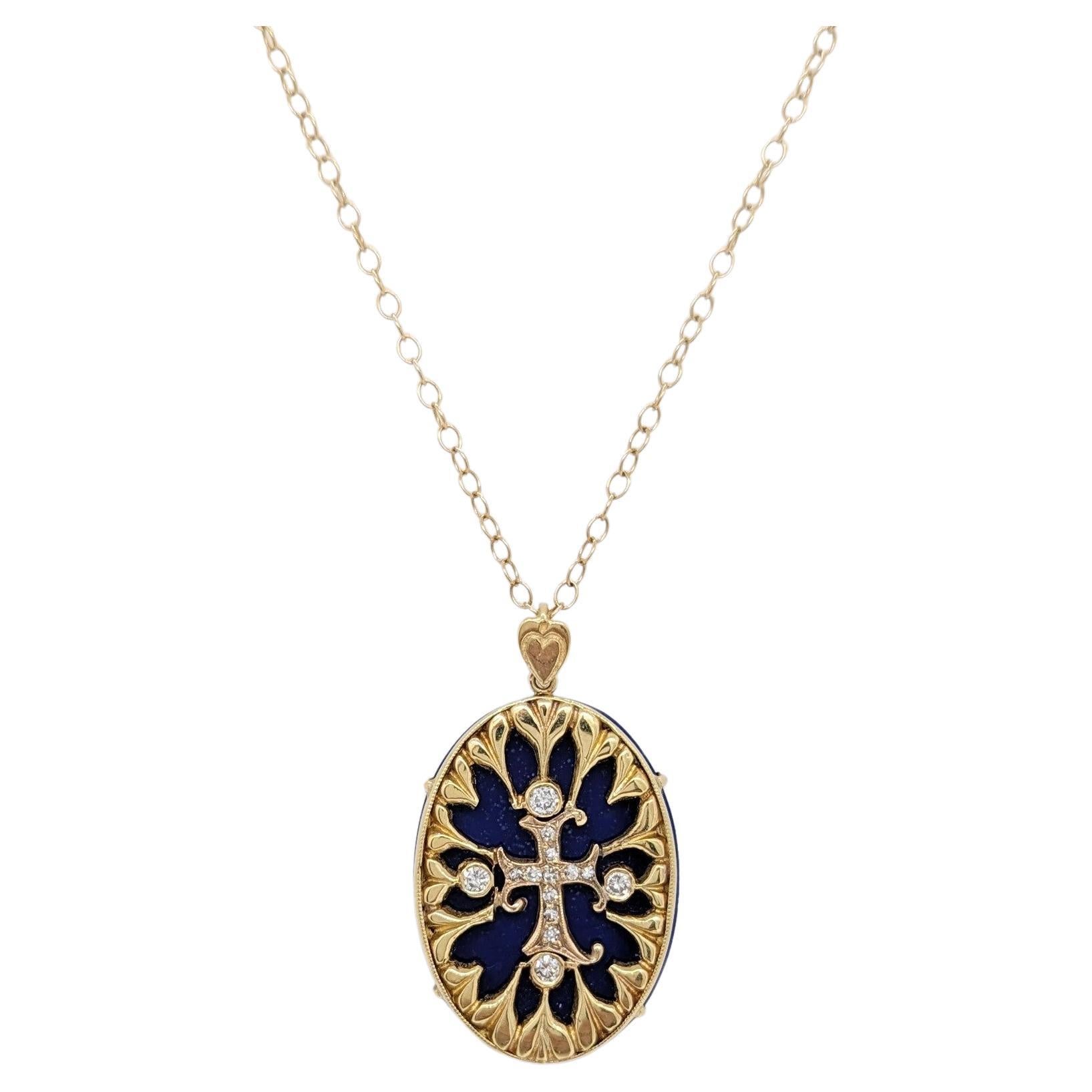 White Diamond Round and Blue Oval Pendant Necklace in 14k Yellow Gold