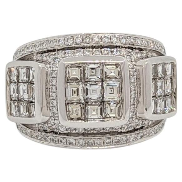 White Diamond Round and Square Design Ring in 18K White Gold For Sale
