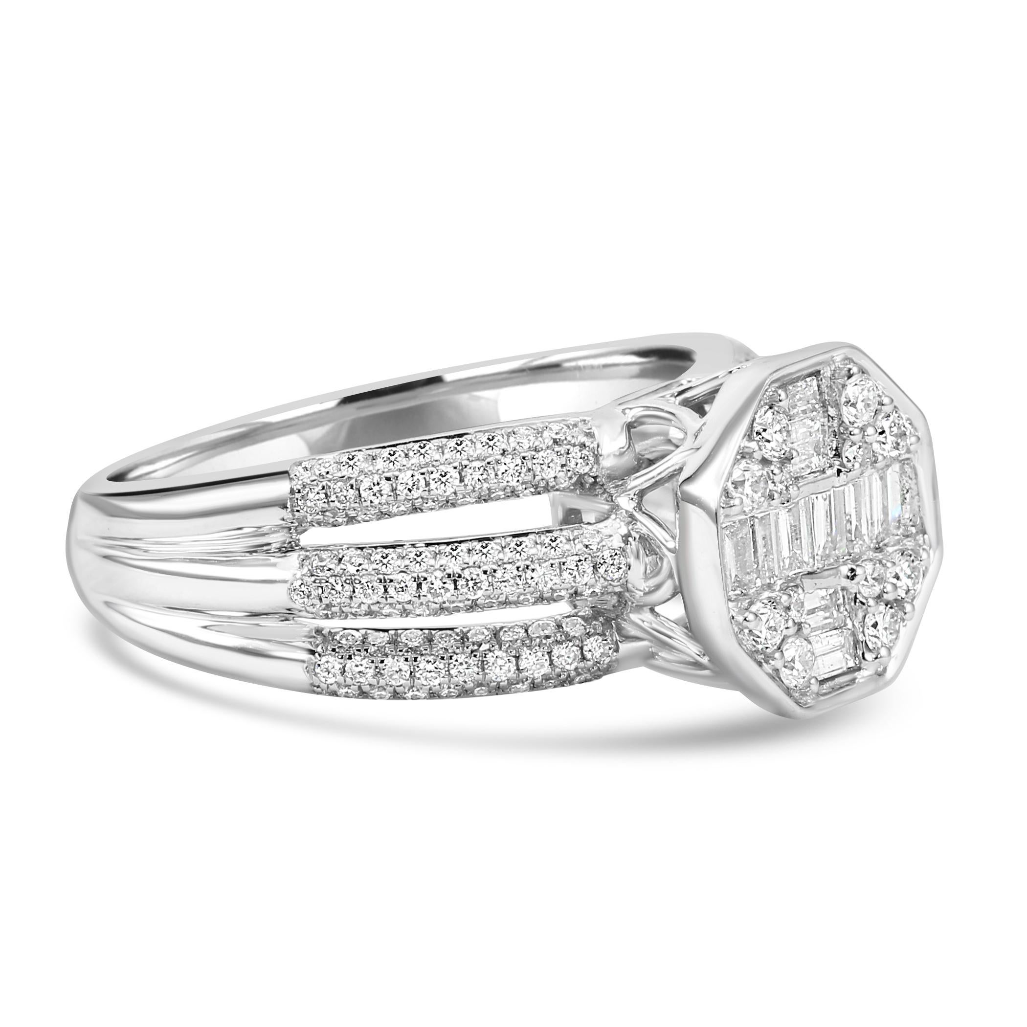Modern White Diamond Round & Baguette 14 Karat White Gold Fashion Engagement Band Ring For Sale