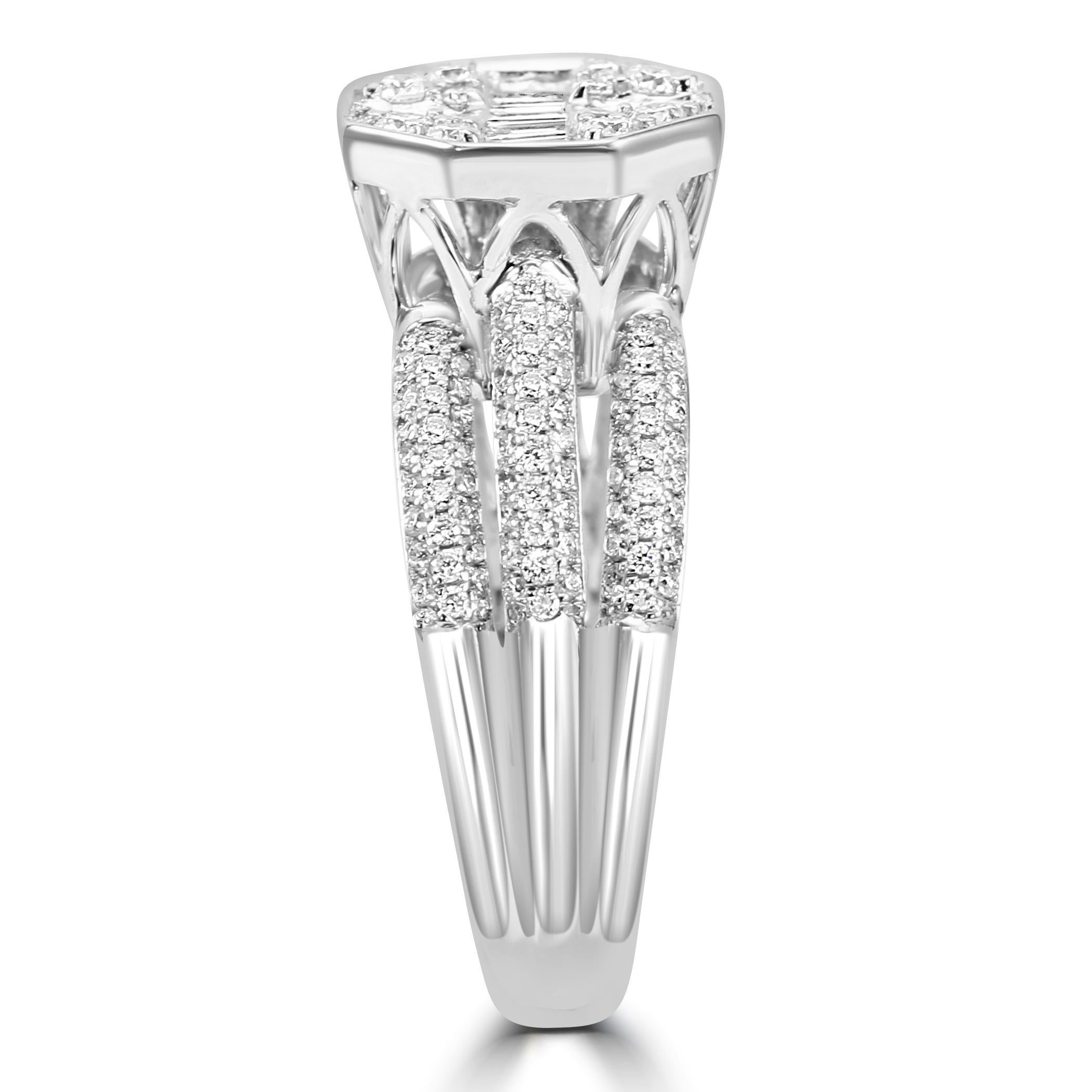 Women's or Men's White Diamond Round & Baguette 14 Karat White Gold Fashion Engagement Band Ring For Sale