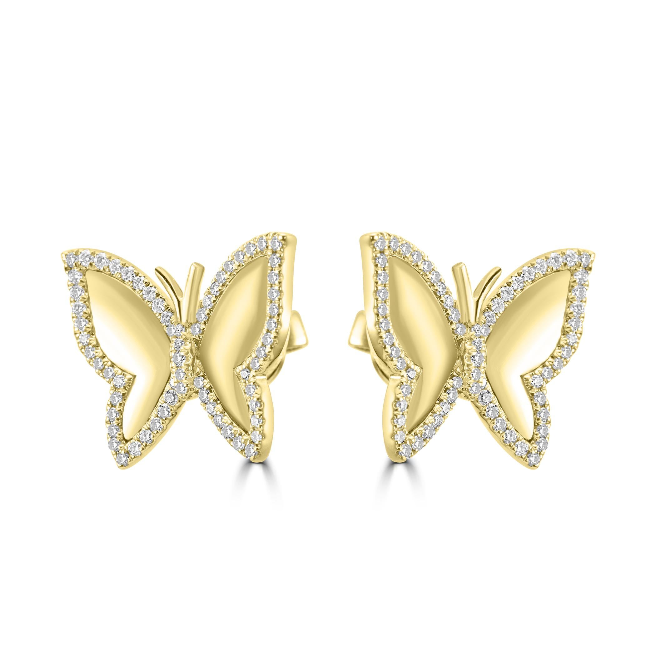 Embrace the of nature with our yellow gold butterfly-shaped earrings.

The Butterfly-Shaped Earrings are a symphony of delicate details, crafted with precision to mimic the intricate wings of a butterfly. The symmetrical design is both whimsical and