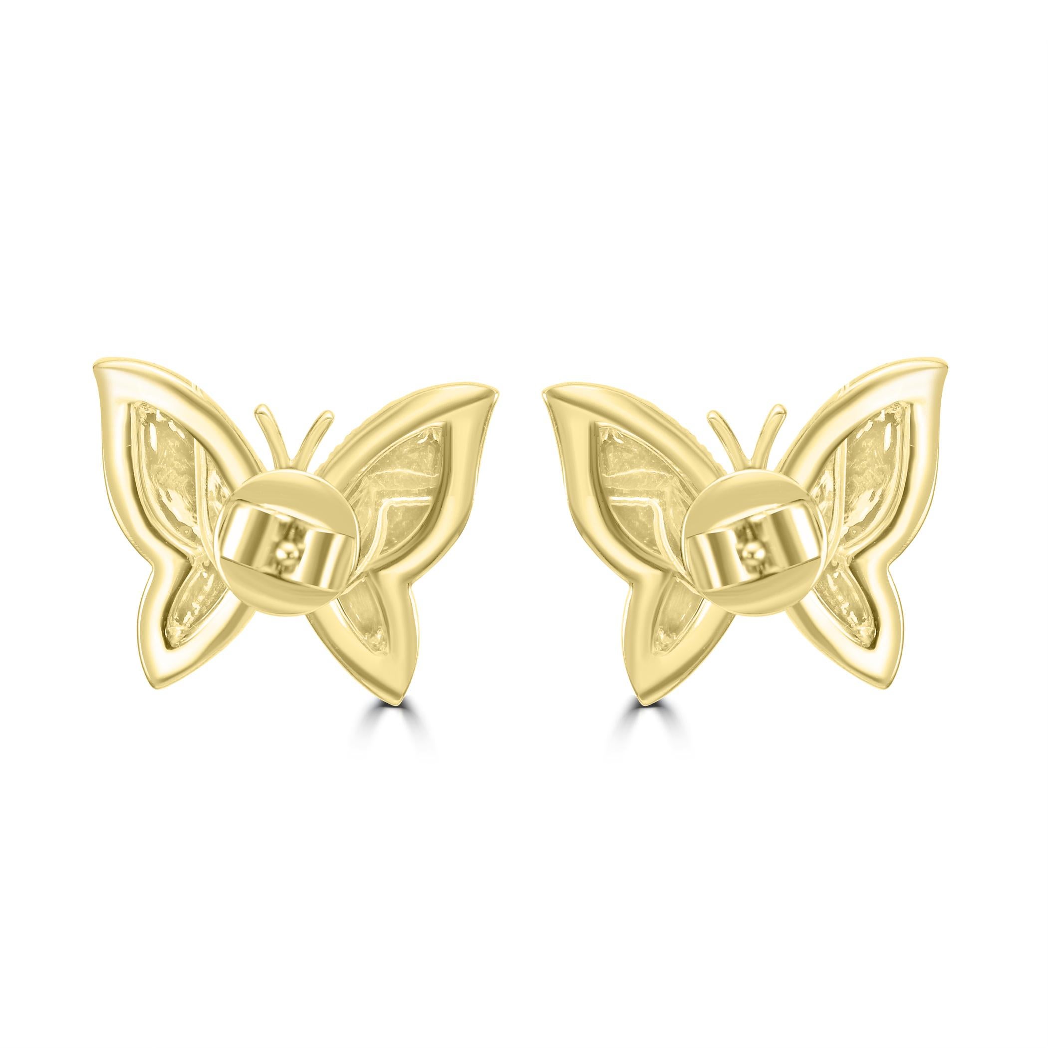 Round Cut White Diamond Round Butterfly Shape 14K Yellow Gold Fashion Stud Earrings  For Sale