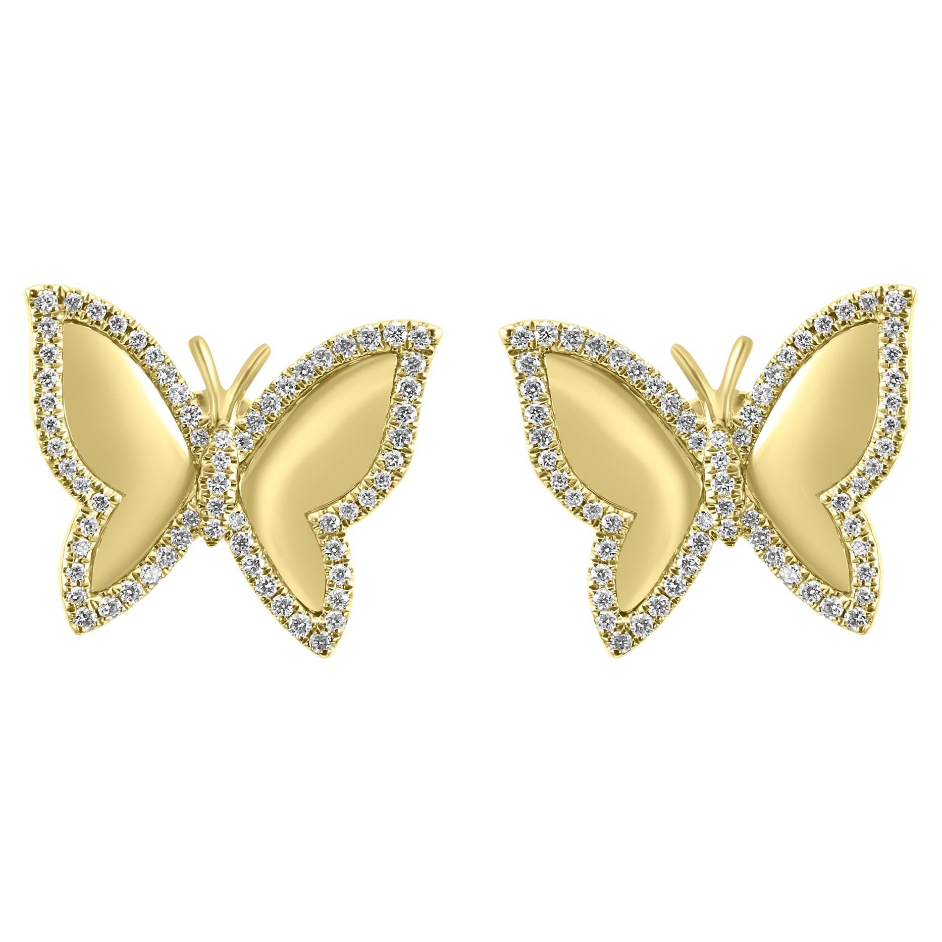 White Diamond Round Butterfly Shape 14K Yellow Gold Fashion Stud Earrings 