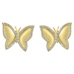 White Diamond Round Butterfly Shape 14K Yellow Gold Fashion Stud Earrings 